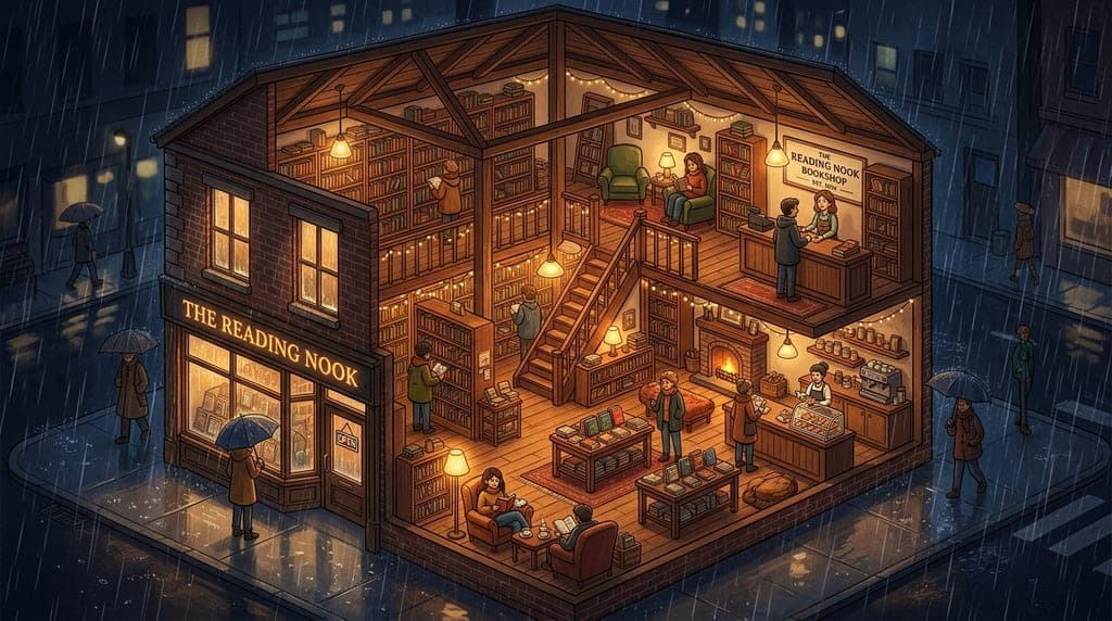 Isometric cutaway of a cozy bookshop at night, warm lamps, rain outside
