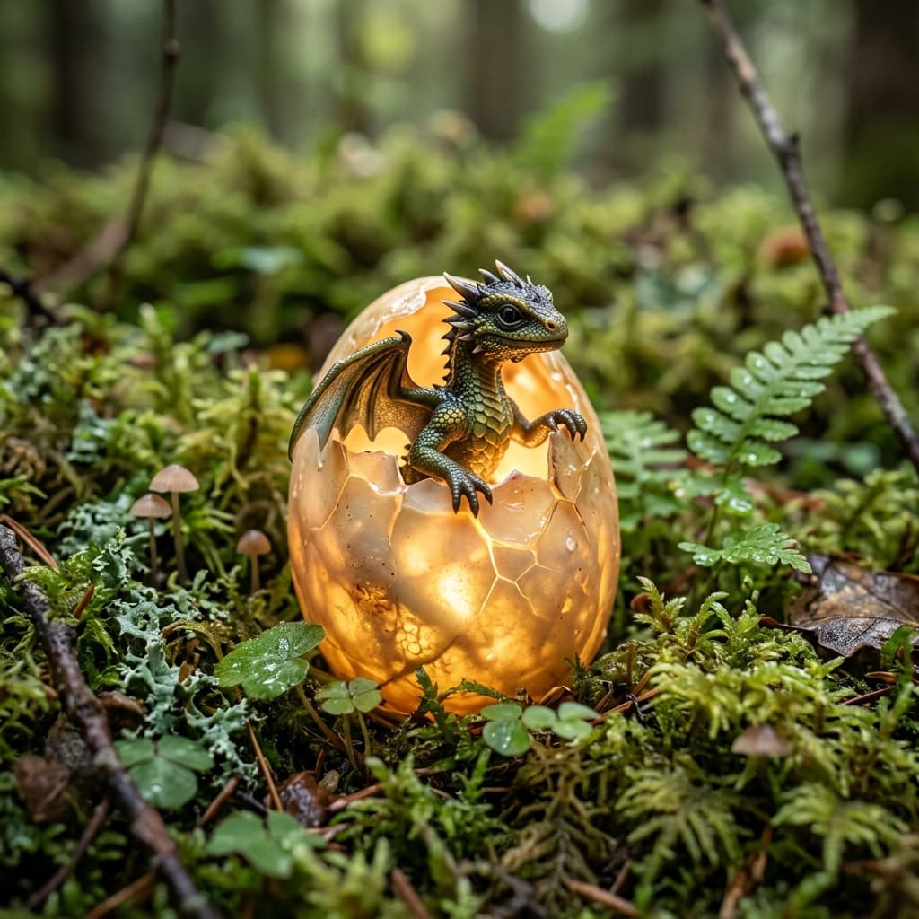 A tiny dragon hatching from a glowing egg in a mossy forest, macro, soft light