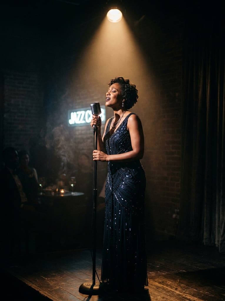 Editorial portrait of a fictional jazz singer under a single spotlight, film grain