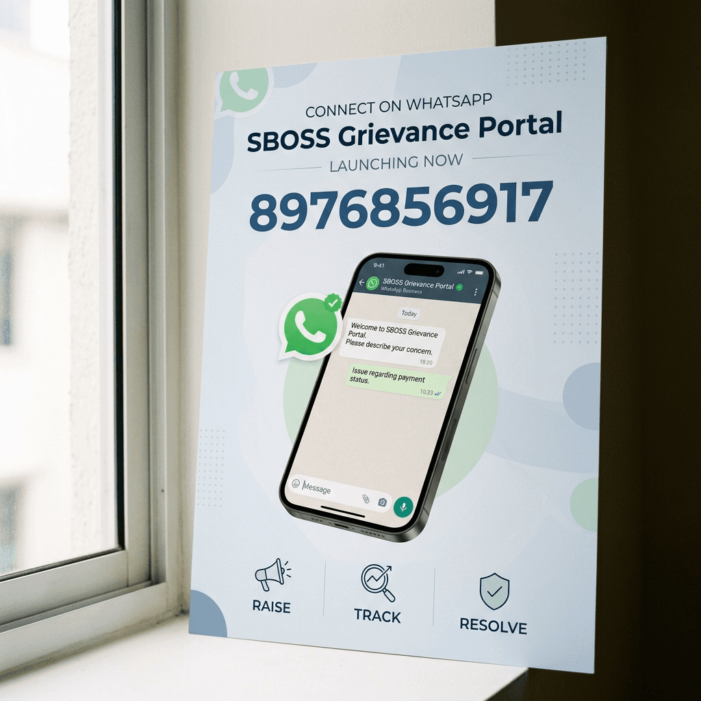 A premium corporate launch poster for the SBOSS Grievance Portal on WhatsApp, sleek smartphone displaying a clean WhatsApp grievance chat, large bold contact number 8976856917 as the main focus, blue-and-white corporate background with WhatsApp green accents, subtle Raise • Track • Resolve icons, clean modern layout, professional Indian corporate communication style, bright soft lighting, realistic smartphone, minimal clutter, high-end advertising design, portrait poster composition, no people, no spelling mistakes.