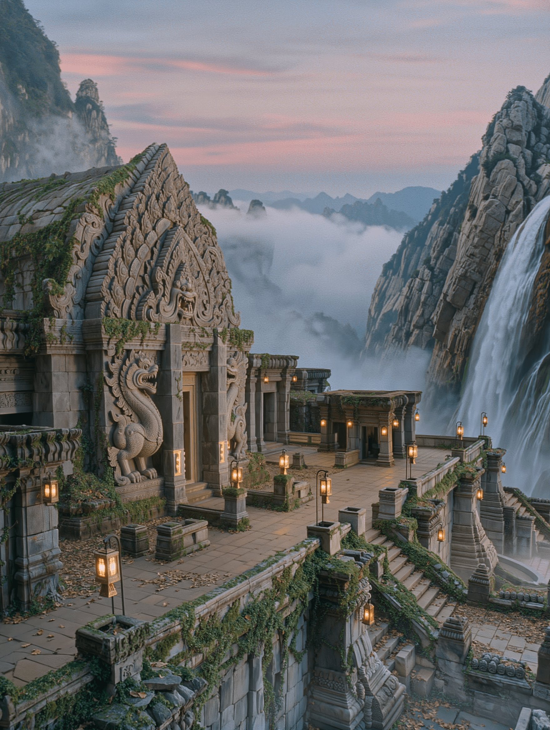 A grand mountain temple shrouded in swirling mists, with ancient stone walls adorned in emerald vines. Soft, ambient twilight illuminates intricate carvings of mythical creatures. Flickering lanterns cast dancing shadows, while a waterfall cascades nearby, creating an air of serene mystery and enchantment, in a hauntingly beautiful art style.