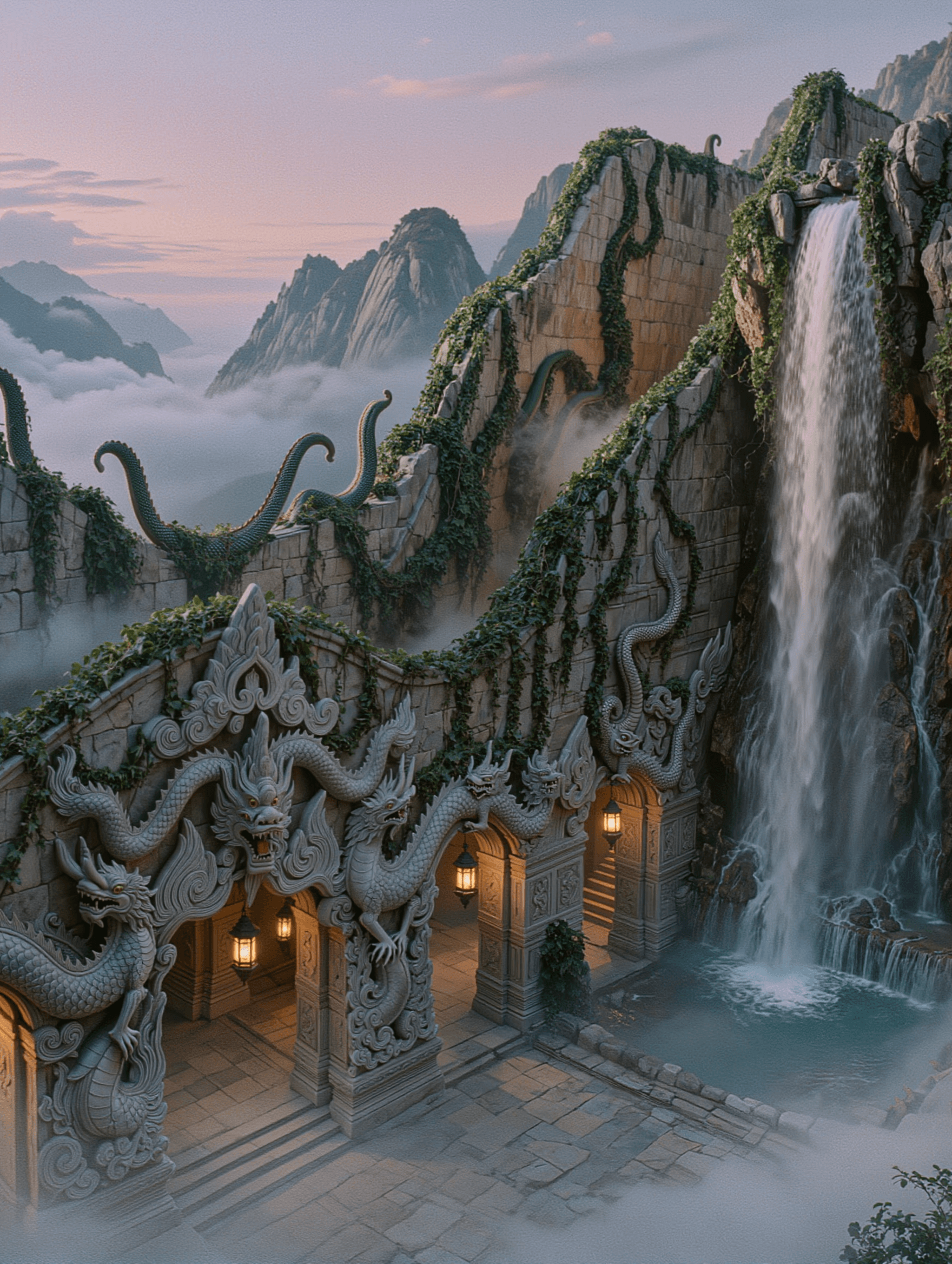 A grand mountain temple shrouded in swirling mists, with ancient stone walls adorned in emerald vines. Soft, ambient twilight illuminates intricate carvings of mythical creatures. Flickering lanterns cast dancing shadows, while a waterfall cascades nearby, creating an air of serene mystery and enchantment, in a hauntingly beautiful art style.