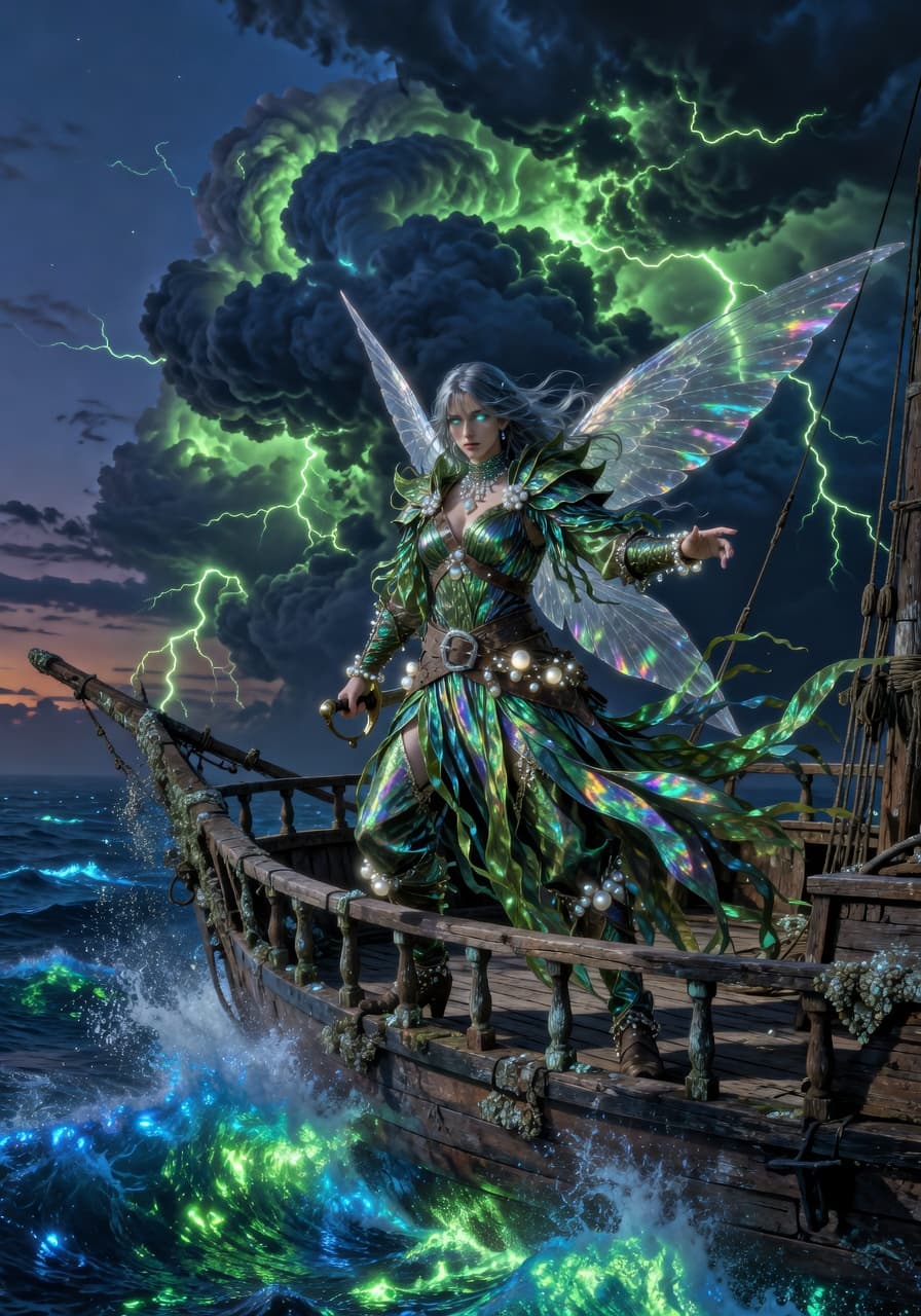 A radiant sylph pirate queen with translucent wings, clad in iridescent seaweed armor and pearl-studded leather, stands on a weathered ship deck at twilight. Storm clouds burst with emerald fire as bioluminescent waves crash—cinematic, editorial, ultra-HD glow and grit.