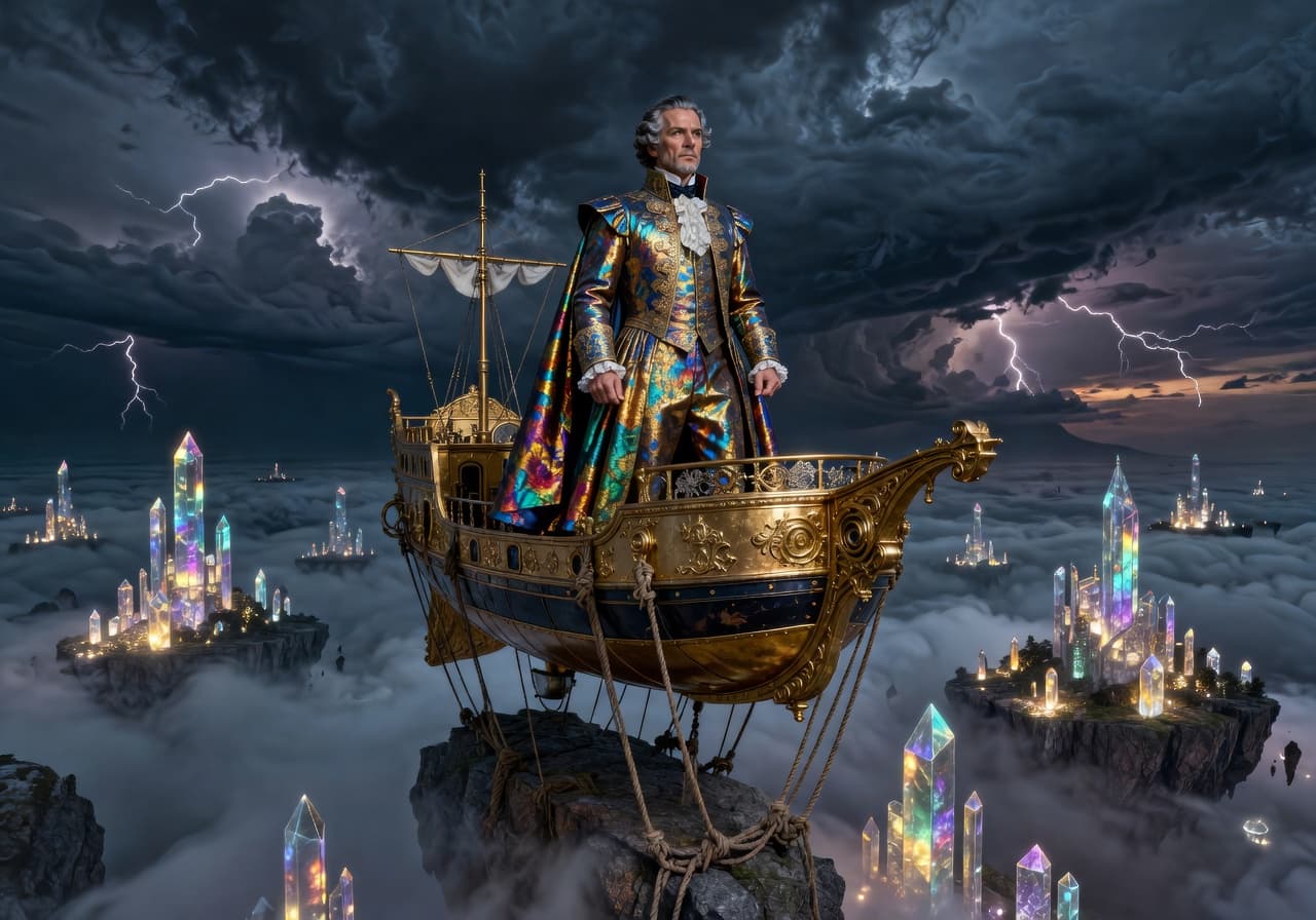 A regal 18th-century aristocrat in iridescent brocade, poised on a tethered golden airship among floating sky islands veiled in mist. Fierce high-contrast shadows sculpt their sharp features, while luminous crystal towers shimmer beneath a stormy twilight—ultra-HD, cinematic grandeur.