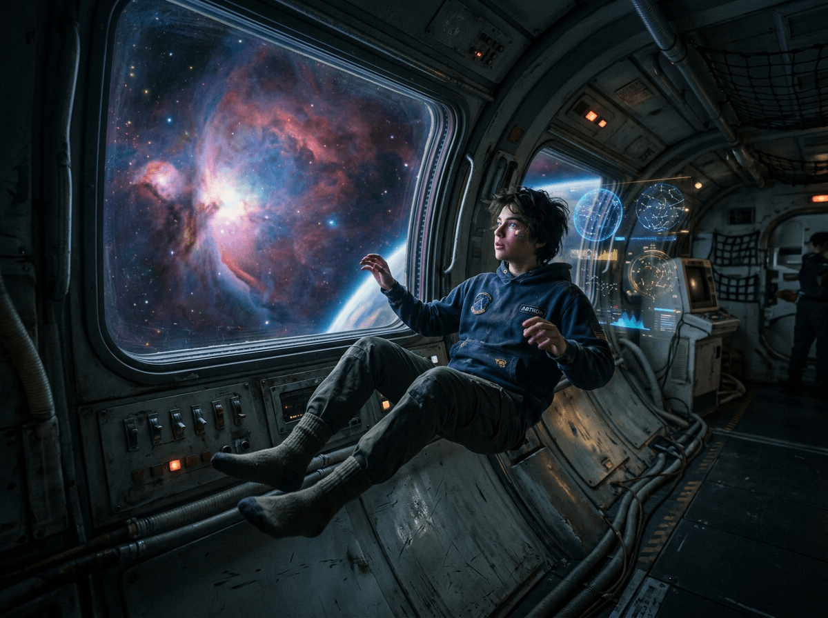 A young dreamer floats weightless inside a dimly lit, retro-futuristic space station, eyes reflecting swirling nebulae beyond panoramic windows. Holographic stars flicker softly around, casting moody shadows on scratched metal panels. Cinematic, ultra-HD, immersive atmosphere.