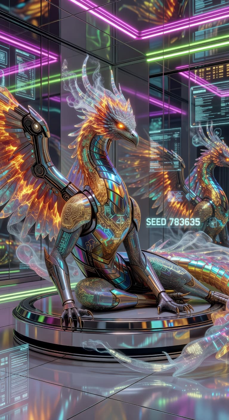 Seed 783635: An electrifying hybrid of phoenix and cyber-dragon lounges amid neon-lit, chrome biotech lab, clad in sleek iridescent armor with circuit patterns. Holographic smoke and polished glass panels reflect fierce, enigmatic eyes—high fashion meets futuristic myth, ultra-HD.