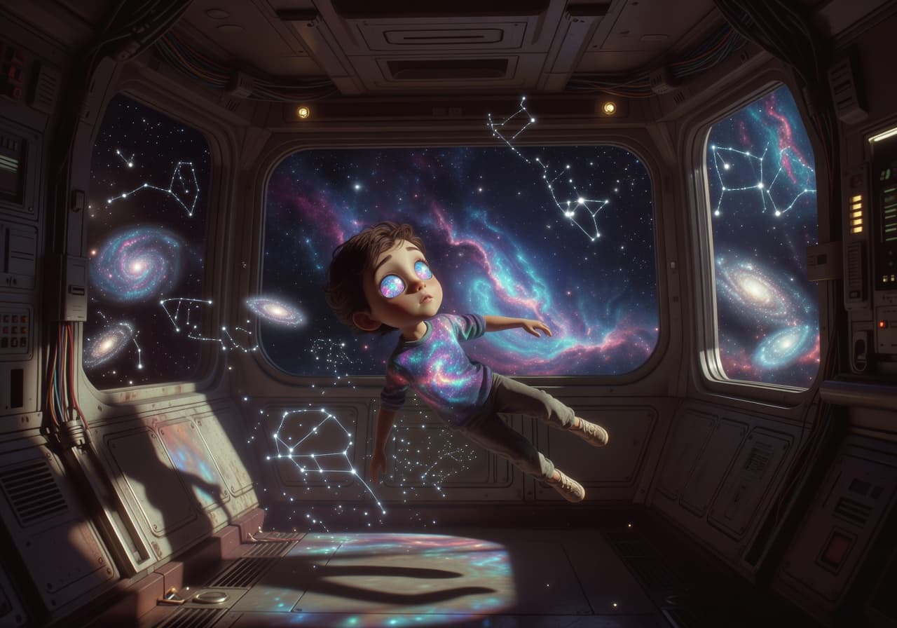 A young dreamer floats weightless inside a dimly lit, retro-futuristic space station, eyes reflecting swirling nebulae beyond panoramic windows. Holographic stars flicker softly around, casting moody shadows on scratched metal panels. Cinematic, ultra-HD, immersive atmosphere.