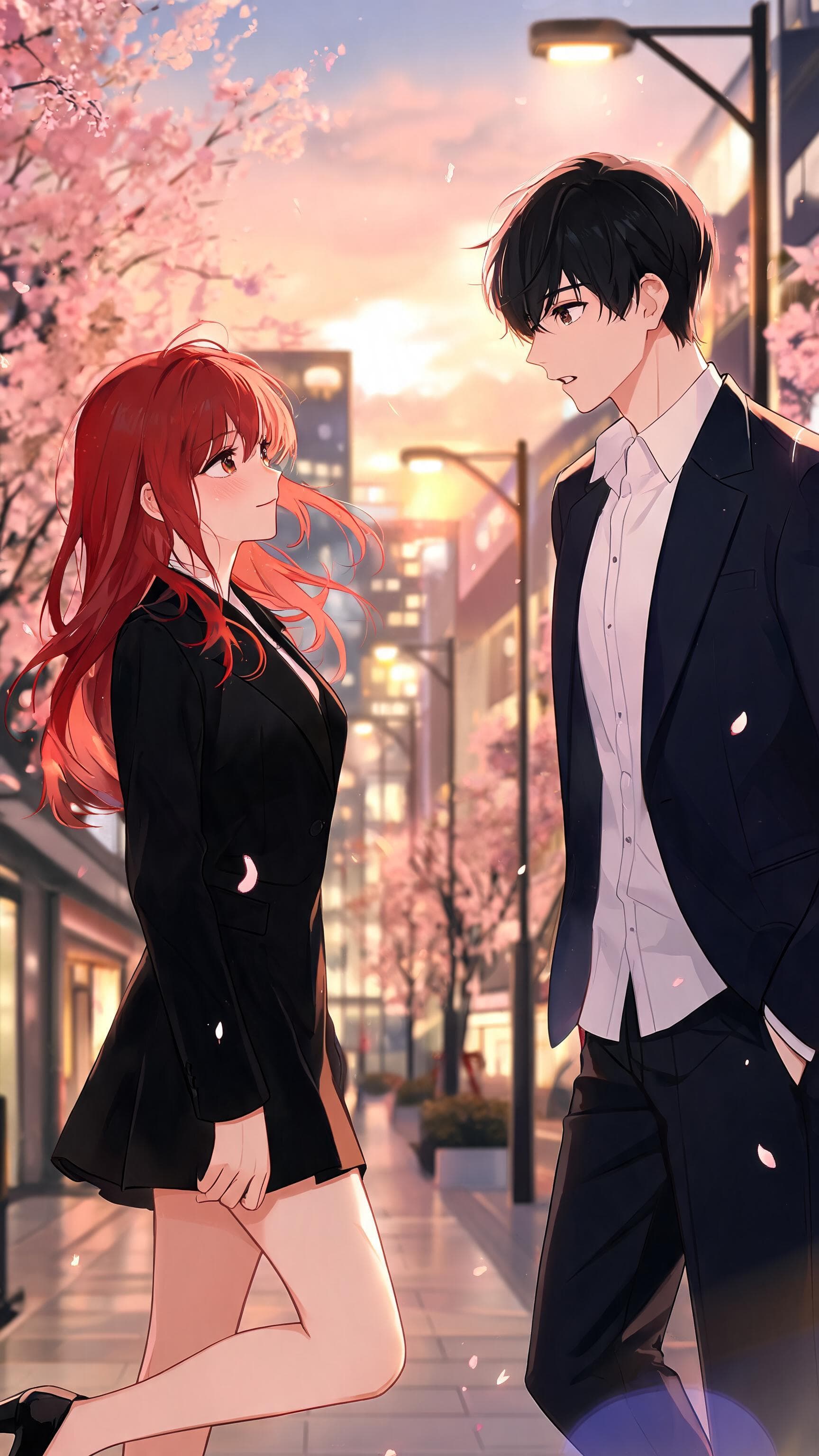 Anime cinematic scene, a stylish young woman, 165 cm tall, red hair, black eyes, elegant modern outfit, walking calmly through a beautiful city street. A handsome young man, 175 cm tall, black hair, black eyes, wearing elegant classic clothes, notices her for the first time. He looks at her with genuine interest, she notices him and gives a shy smile. Romantic atmosphere, natural movements, soft evening light, detailed anime style, cinematic camera, emotional facial expressions, consistent character design.