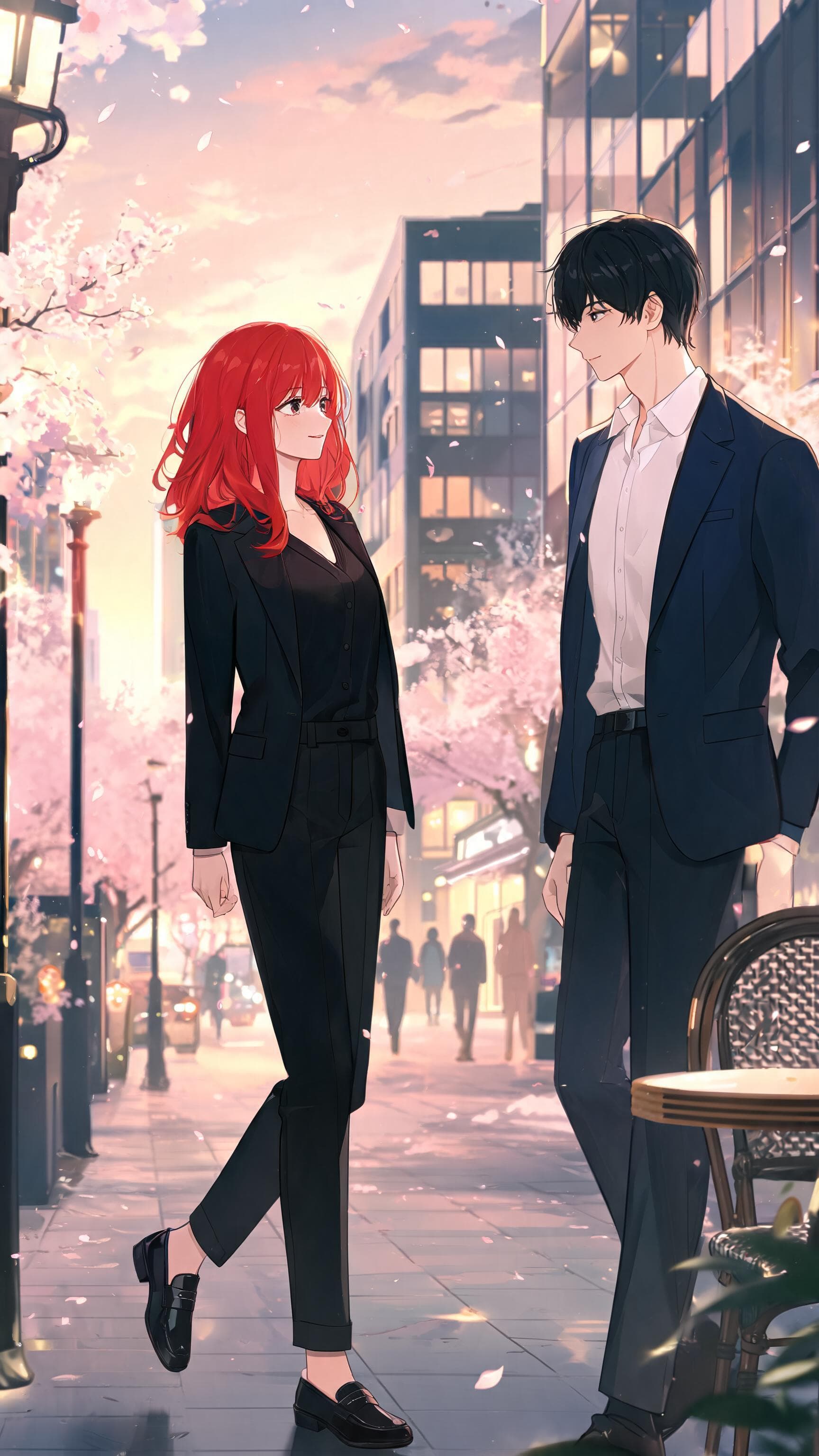 Anime cinematic scene, a stylish young woman, 165 cm tall, red hair, black eyes, elegant modern outfit, walking calmly through a beautiful city street. A handsome young man, 170cm tall, black hair, black eyes, wearing elegant classic clothes, notices her for the first time. He looks at her with genuine interest, she notices him and gives a shy smile. Romantic atmosphere, natural movements, soft evening light, detailed anime style, cinematic camera, emotional facial expressions, consistent character design.