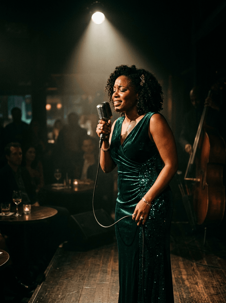 Editorial portrait of a fictional jazz singer under a single spotlight, film grain