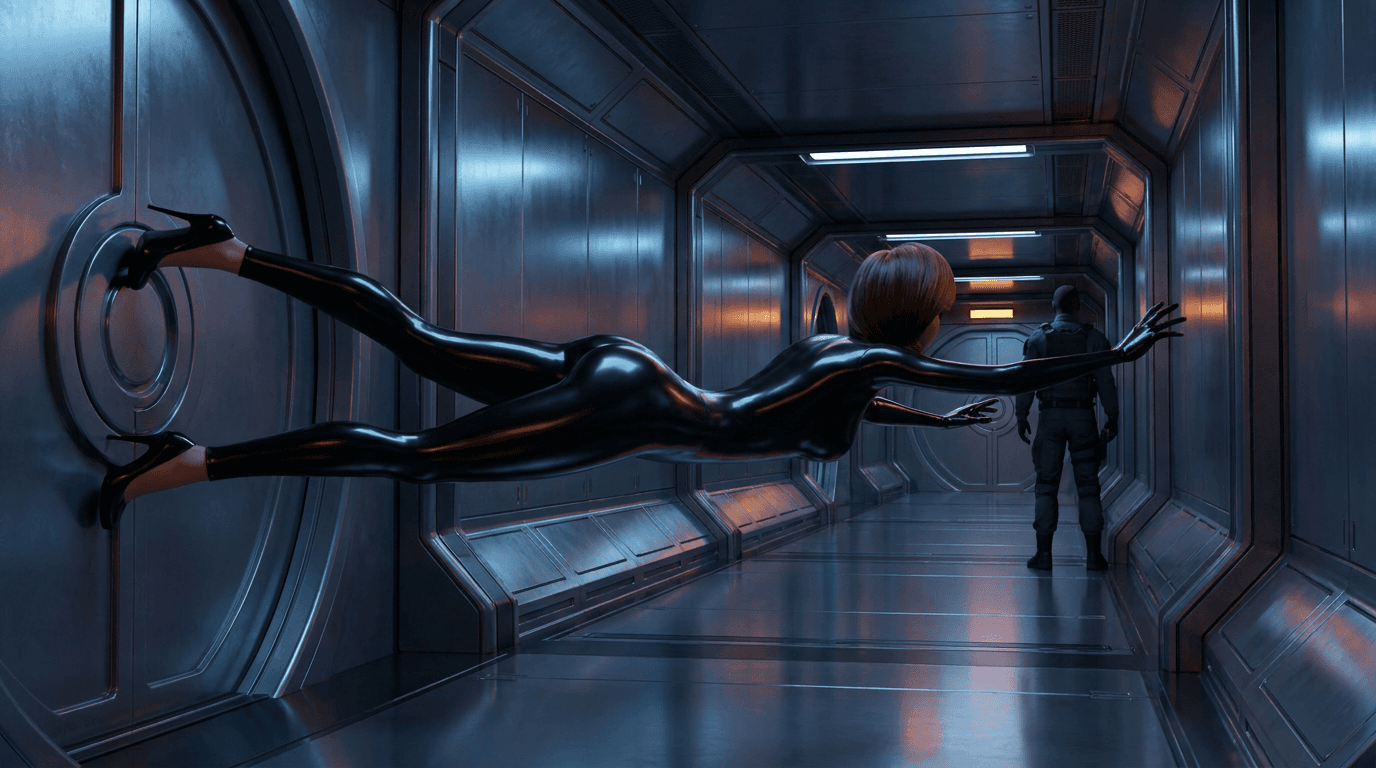 The woman is an adult elastic superhero in a tight black latex bodysuit and high heels. Her lower body remains anchored at the sealed circular door on the far left, but her elastic body stretches much farther horizontally down the corridor.
IMPORTANT POSE REQUIREMENT: Her abdomen, waist, hips and pelvis must be significantly farther down the corridor, approximately halfway between the sealed door and the guard. Do NOT keep her abdomen close to the door.
Her body should form one long, smooth, continuous elastic extension from the doorway:
sealed door → lower body/legs → hips and abdomen far down the corridor → elongated torso → shoulders → arms → hand reaching toward the guard.
Her abdomen should be visibly located deep inside the corridor, while her legs remain back at the doorway. Her torso should therefore be dramatically elongated between her hips and shoulders.
Keep the guard at the far end of the corridor, facing away and completely unaware of her. Her outstretched hand reaches toward him.
Make the elastic deformation smooth and believable, with long, gradual curves rather than a short stretched torso. Maintain normal-looking anatomy at the head, hands and feet while the torso and limbs undergo extreme elastic extension.
Do not move the sealed door, guard, corridor, or camera. The major change is the woman’s body position: move her abdomen and hips much farther down the corridor while keeping her lower legs anchored at the door.
Cinematic realistic 3D CGI, futuristic metallic corridor, dramatic perspective, realistic lighting and reflections, detailed black latex material, sharp focus, wide horizontal composition.