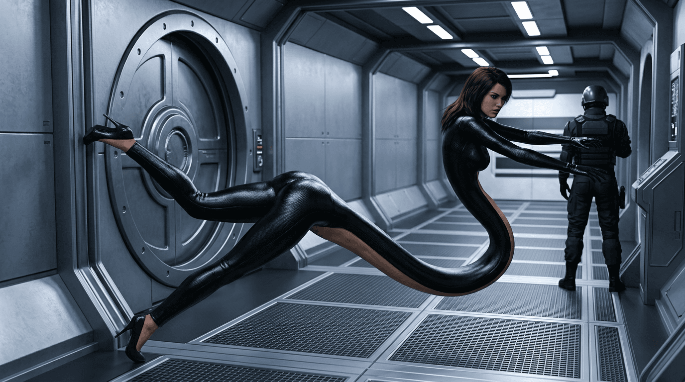 Reposition the elastic superhero’s body while keeping the corridor, door and guard unchanged.
CRITICAL COMPOSITION CHANGE: Her abdomen and waist must be physically located much farther down the corridor, close to the guard — NOT near the sealed door.
Her body must span the corridor in this exact arrangement:
LEFT / SEALED DOOR: both legs originate from the doorway, with the lower body anchored against the sealed circular door.
MIDDLE OF CORRIDOR: her hips and abdomen are stretched forward into the corridor, approximately 65–70% of the distance from the door to the guard.
NEAR GUARD: her chest, shoulders, head and arms are at the far end of the stretch, close to the oblivious guard.
Think of her body as a single extremely long elastic bridge running horizontally down the corridor. Her abdomen must be part of that bridge and must physically occupy the middle/far section of the corridor.
Do NOT place her abdomen beside the doorway. Do NOT keep her torso concentrated near the door. Do NOT achieve the stretch primarily by lengthening her legs or arms.
The torso itself must be enormously elongated, with the waist and abdomen visibly traveling down the corridor toward the guard.
Keep her lower legs anchored at the left door while her abdomen moves far forward, creating a dramatic continuous S-shaped elastic body between the door and the guard.
The guard remains at the far end, facing away and unaware.
Keep the same camera angle, corridor, door, lighting and overall composition. Only reposition the woman’s elastic body.
Wide cinematic 3D CGI, realistic smooth elastic deformation, continuous anatomy, glossy black bodysuit, high heels, futuristic metallic corridor, strong depth perspective.