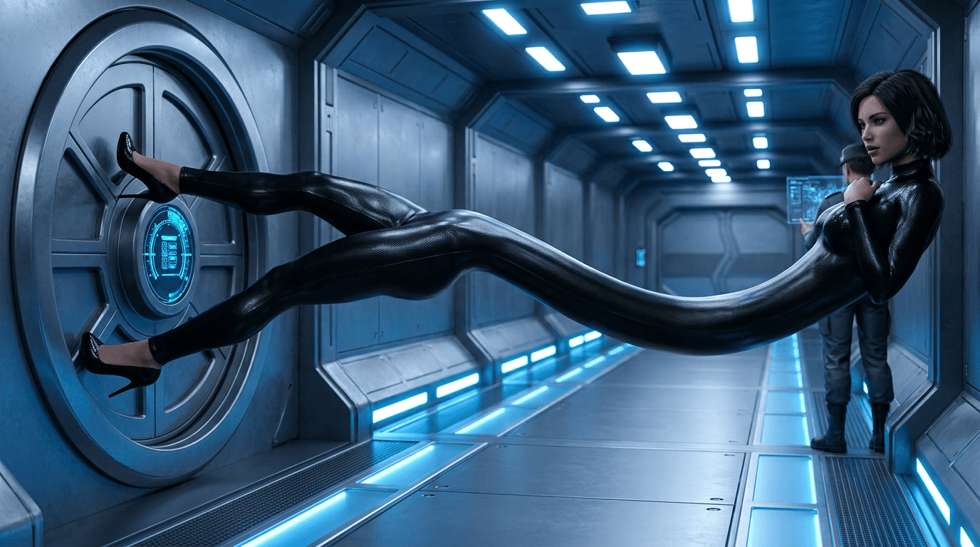 Reposition the elastic superhero’s body while keeping the corridor, door and guard unchanged.
CRITICAL COMPOSITION CHANGE: Her abdomen and waist must be physically located much farther down the corridor, close to the guard — NOT near the sealed door.
Her body must span the corridor in this exact arrangement:
LEFT / SEALED DOOR: both legs originate from the doorway, with the lower body anchored against the sealed circular door.
MIDDLE OF CORRIDOR: her hips and abdomen are stretched forward into the corridor, approximately 65–70% of the distance from the door to the guard.
NEAR GUARD: her chest, shoulders, head and arms are at the far end of the stretch, close to the oblivious guard.
Think of her body as a single extremely long elastic bridge running horizontally down the corridor. Her abdomen must be part of that bridge and must physically occupy the middle/far section of the corridor.
Do NOT place her abdomen beside the doorway. Do NOT keep her torso concentrated near the door. Do NOT achieve the stretch primarily by lengthening her legs or arms.
The torso itself must be enormously elongated, with the waist and abdomen visibly traveling down the corridor toward the guard.
Keep her lower legs anchored at the left door while her abdomen moves far forward, creating a dramatic continuous S-shaped elastic body between the door and the guard.
The guard remains at the far end, facing away and unaware.
Keep the same camera angle, corridor, door, lighting and overall composition. Only reposition the woman’s elastic body.
Wide cinematic 3D CGI, realistic smooth elastic deformation, continuous anatomy, glossy black bodysuit, high heels, futuristic metallic corridor, strong depth perspective.