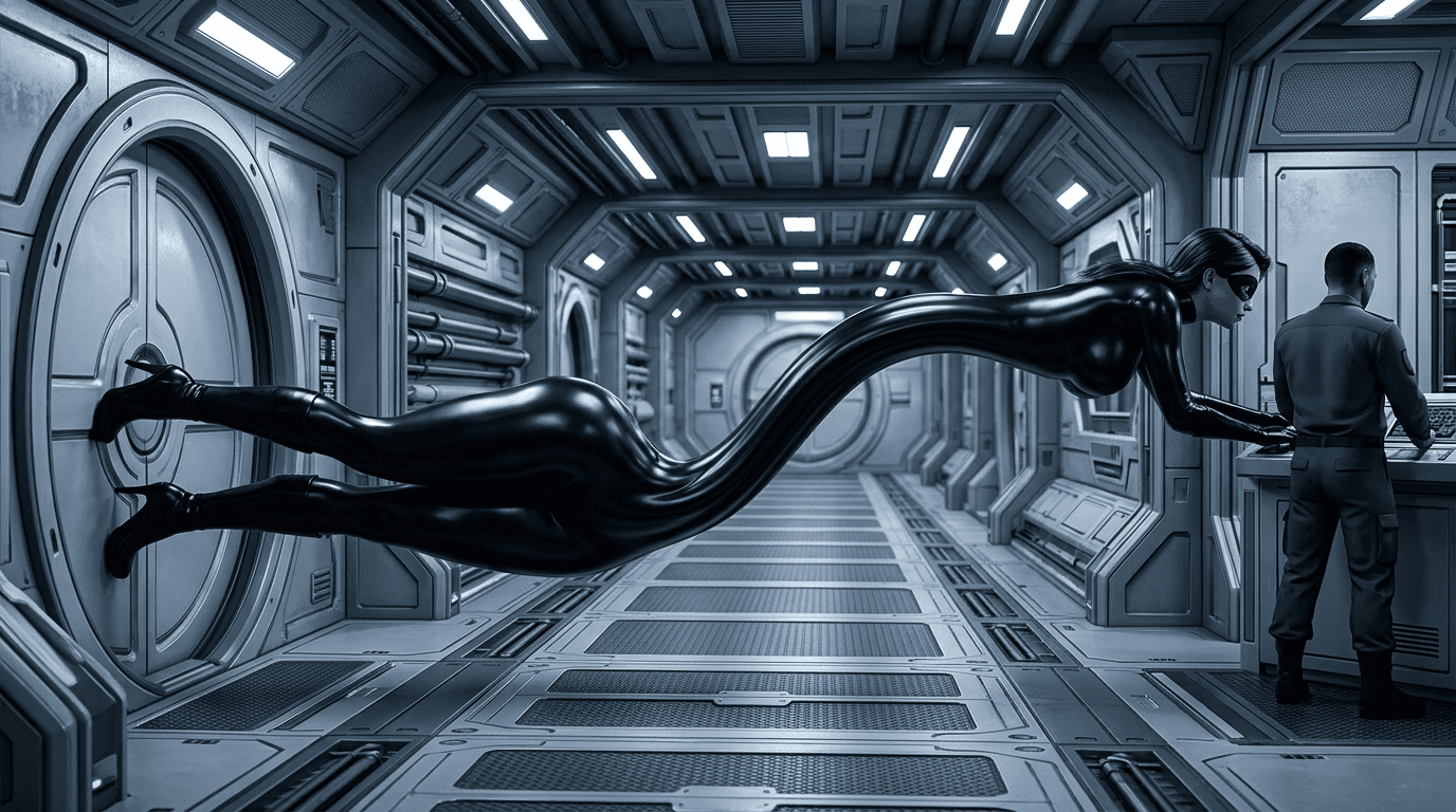 Reposition the elastic superhero’s body while keeping the corridor, door and guard unchanged.
CRITICAL COMPOSITION CHANGE: Her abdomen and waist must be physically located much farther down the corridor, close to the guard — NOT near the sealed door.
Her body must span the corridor in this exact arrangement:
LEFT / SEALED DOOR: both legs originate from the doorway, with the lower body anchored against the sealed circular door.
MIDDLE OF CORRIDOR: her hips and abdomen are stretched forward into the corridor, approximately 65–70% of the distance from the door to the guard.
NEAR GUARD: her chest, shoulders, head and arms are at the far end of the stretch, close to the oblivious guard.
Think of her body as a single extremely long elastic bridge running horizontally down the corridor. Her abdomen must be part of that bridge and must physically occupy the middle/far section of the corridor.
Do NOT place her abdomen beside the doorway. Do NOT keep her torso concentrated near the door. Do NOT achieve the stretch primarily by lengthening her legs or arms.
The torso itself must be enormously elongated, with the waist and abdomen visibly traveling down the corridor toward the guard.
Keep her lower legs anchored at the left door while her abdomen moves far forward, creating a dramatic continuous S-shaped elastic body between the door and the guard.
The guard remains at the far end, facing away and unaware.
Keep the same camera angle, corridor, door, lighting and overall composition. Only reposition the woman’s elastic body.
Wide cinematic 3D CGI, realistic smooth elastic deformation, continuous anatomy, glossy black bodysuit, high heels, futuristic metallic corridor, strong depth perspective.