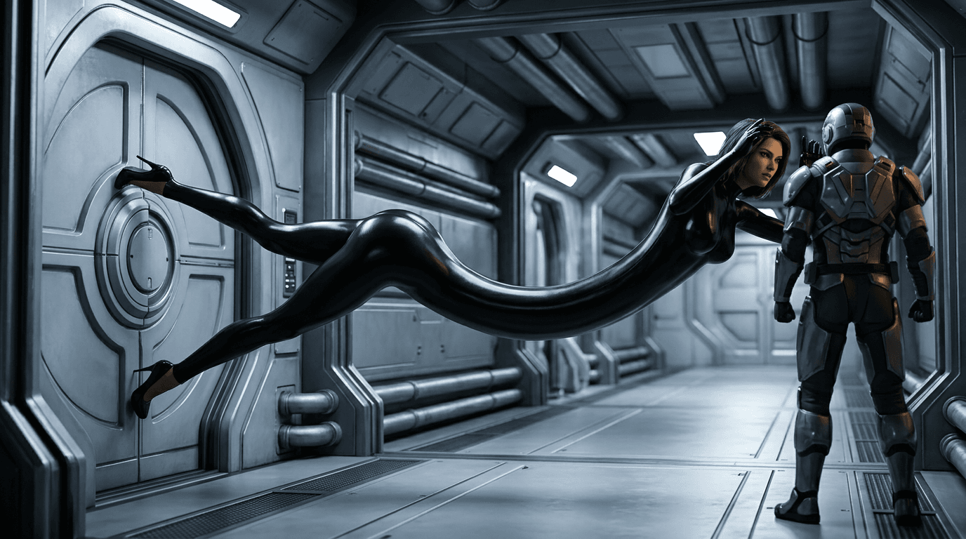 Reposition the elastic superhero’s body while keeping the corridor, door and guard unchanged.
CRITICAL COMPOSITION CHANGE: Her abdomen and waist must be physically located much farther down the corridor, close to the guard — NOT near the sealed door.
Her body must span the corridor in this exact arrangement:
LEFT / SEALED DOOR: both legs originate from the doorway, with the lower body anchored against the sealed circular door.
MIDDLE OF CORRIDOR: her hips and abdomen are stretched forward into the corridor, approximately 65–70% of the distance from the door to the guard.
NEAR GUARD: her chest, shoulders, head and arms are at the far end of the stretch, close to the oblivious guard.
Think of her body as a single extremely long elastic bridge running horizontally down the corridor. Her abdomen must be part of that bridge and must physically occupy the middle/far section of the corridor.
Do NOT place her abdomen beside the doorway. Do NOT keep her torso concentrated near the door. Do NOT achieve the stretch primarily by lengthening her legs or arms.
The torso itself must be enormously elongated, with the waist and abdomen visibly traveling down the corridor toward the guard.
Keep her lower legs anchored at the left door while her abdomen moves far forward, creating a dramatic continuous S-shaped elastic body between the door and the guard.
The guard remains at the far end, facing away and unaware.
Keep the same camera angle, corridor, door, lighting and overall composition. Only reposition the woman’s elastic body.
Wide cinematic 3D CGI, realistic smooth elastic deformation, continuous anatomy, glossy black bodysuit, high heels, futuristic metallic corridor, strong depth perspective.