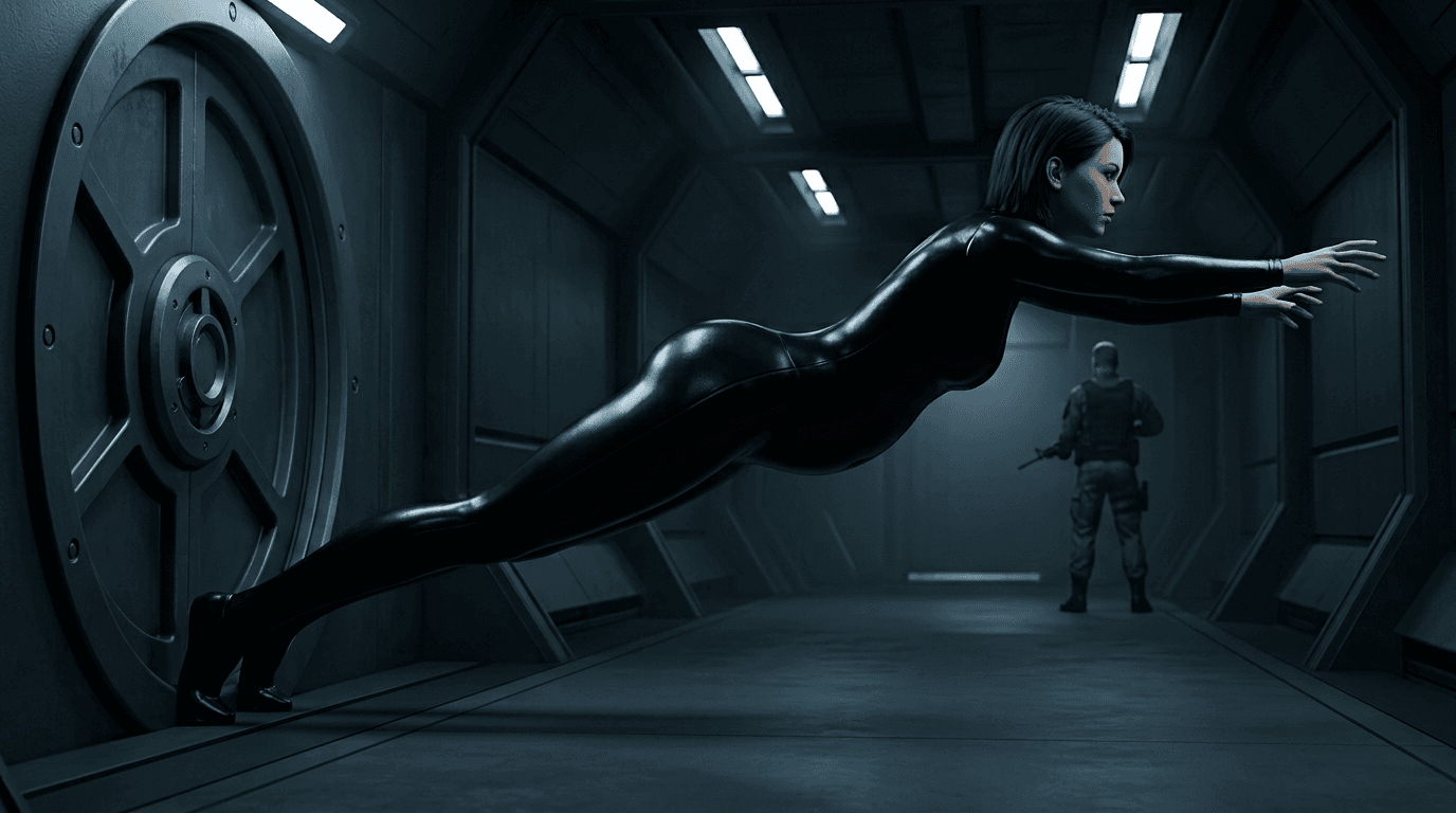 Use the current generated image as the base. Preserve the corridor, sealed circular door, camera angle, lighting and guard exactly as they are. Change ONLY the woman’s elastic body pose.
Match the body positioning shown in the supplied reference image.
Her legs remain anchored at the sealed circular door on the far left, but her hips, waist and abdomen are pulled dramatically forward down the corridor.
The abdomen must be located roughly in the middle-to-far section of the corridor, NOT near the door.
The important visual structure is:
sealed door → long stretched legs → hips → abdomen/waist far down the corridor → elongated upper torso → shoulders/head → arms reaching toward the guard
Her abdomen should be a clearly recognizable anatomical section positioned well away from the door, rather than her entire body becoming one uniform stretched tube.
Her hips should form a distinct central body mass in the middle/far corridor, similar to the supplied reference pose. From the hips, the abdomen and torso continue stretching toward the guard.
Do NOT stretch only the legs. Do NOT stretch only the arms. Do NOT make her body a uniformly thin curved tube.
Keep her torso relatively substantial around the abdomen and hips, then smoothly elongate the torso toward her shoulders. The elastic deformation should look like a superhero stretching her actual body forward.
Her lower legs stay firmly anchored at the circular door while the entire pelvis and abdomen have moved forward.
Keep the guard at the far end of the corridor, facing away and unaware of her.
Pose reference: reproduce the spatial relationship and elastic-body mechanics of the supplied reference image, but keep the futuristic corridor scene and adult superhero character from the current image.
Smooth continuous elastic anatomy, realistic proportions at the head, hands and feet, controlled deformation, glossy black bodysuit, cinematic realistic 3D CGI.
CRITICAL: The woman’s abdomen/waist must visibly occup