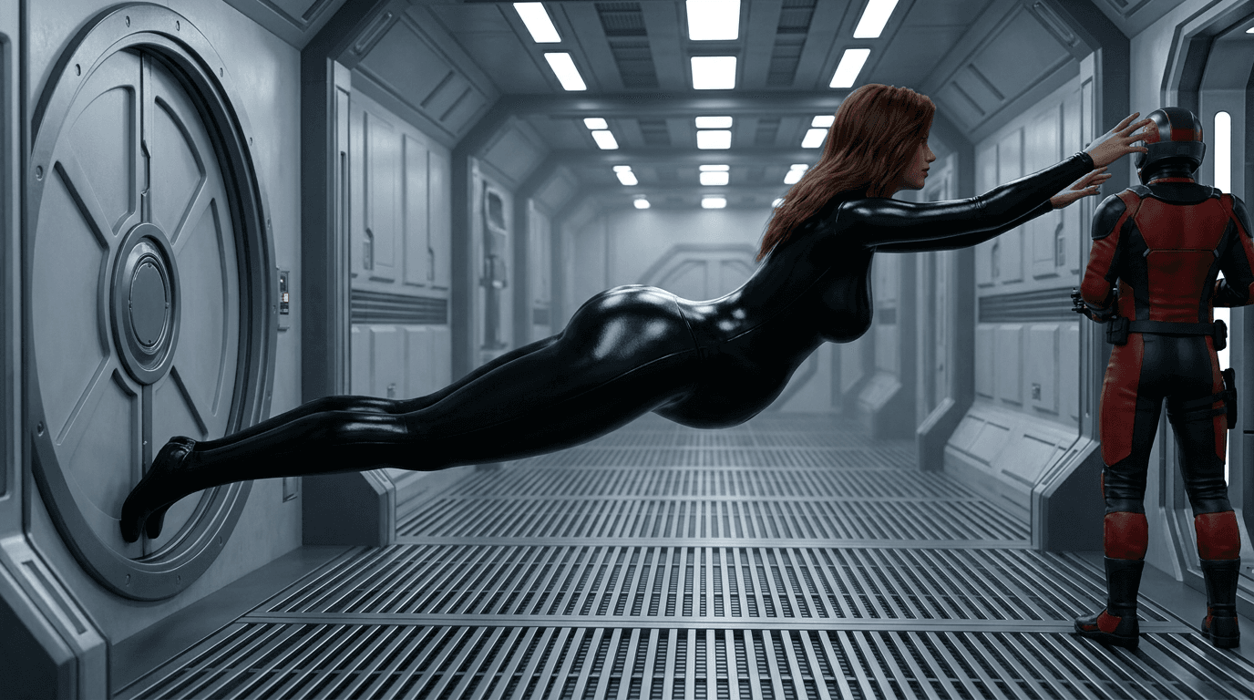 Use the current generated image as the base. Preserve the corridor, sealed circular door, camera angle, lighting and guard exactly as they are. Change ONLY the woman’s elastic body pose.
Match the body positioning shown in the supplied reference image.
Her legs remain anchored at the sealed circular door on the far left, but her hips, waist and abdomen are pulled dramatically forward down the corridor.
The abdomen must be located roughly in the middle-to-far section of the corridor, NOT near the door.
The important visual structure is:
sealed door → long stretched legs → hips → abdomen/waist far down the corridor → elongated upper torso → shoulders/head → arms reaching toward the guard
Her abdomen should be a clearly recognizable anatomical section positioned well away from the door, rather than her entire body becoming one uniform stretched tube.
Her hips should form a distinct central body mass in the middle/far corridor, similar to the supplied reference pose. From the hips, the abdomen and torso continue stretching toward the guard.
Do NOT stretch only the legs. Do NOT stretch only the arms. Do NOT make her body a uniformly thin curved tube.
Keep her torso relatively substantial around the abdomen and hips, then smoothly elongate the torso toward her shoulders. The elastic deformation should look like a superhero stretching her actual body forward.
Her lower legs stay firmly anchored at the circular door while the entire pelvis and abdomen have moved forward.
Keep the guard at the far end of the corridor, facing away and unaware of her.
Pose reference: reproduce the spatial relationship and elastic-body mechanics of the supplied reference image, but keep the futuristic corridor scene and adult superhero character from the current image.
Smooth continuous elastic anatomy, realistic proportions at the head, hands and feet, controlled deformation, glossy black bodysuit, cinematic realistic 3D CGI.
CRITICAL: The woman’s abdomen/waist must visibly occup