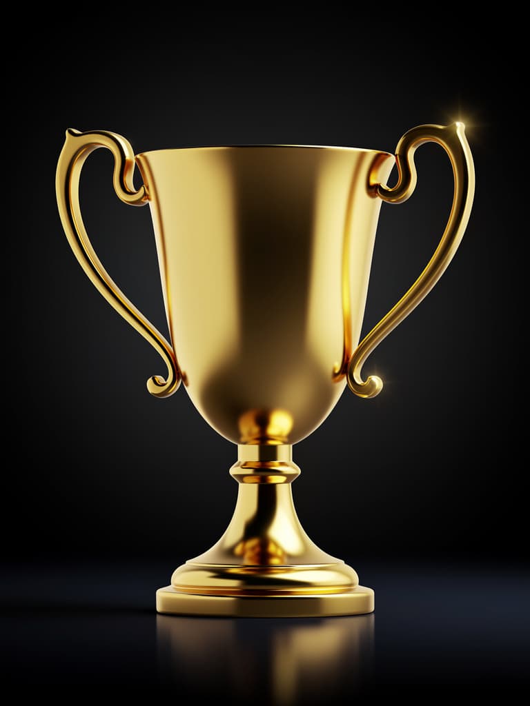 A stunning, luxurious golden winner's trophy cup, highly detailed, made of polished solid gold, reflecting bright studio light, rich golden reflections, juicy and vibrant colors, photorealistic, 8K, elegant design, no text, no numbers, no inscriptions, no labels, no engraving, clean cup, isolated on a dark gradient background, masterpiece, attractive, mouth-watering visual.