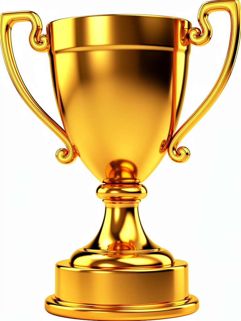 A stunning, luxurious golden winner's trophy cup, highly detailed, made of polished solid gold, reflecting bright studio light, rich golden reflections, juicy and vibrant colors, photorealistic, 8K, elegant design, no text, no numbers, no inscriptions, no labels, no engraving, clean cup, pure white background, no shadows on the background, flat white backdrop, isolated, masterpiece, attractive, mouth-watering visual.