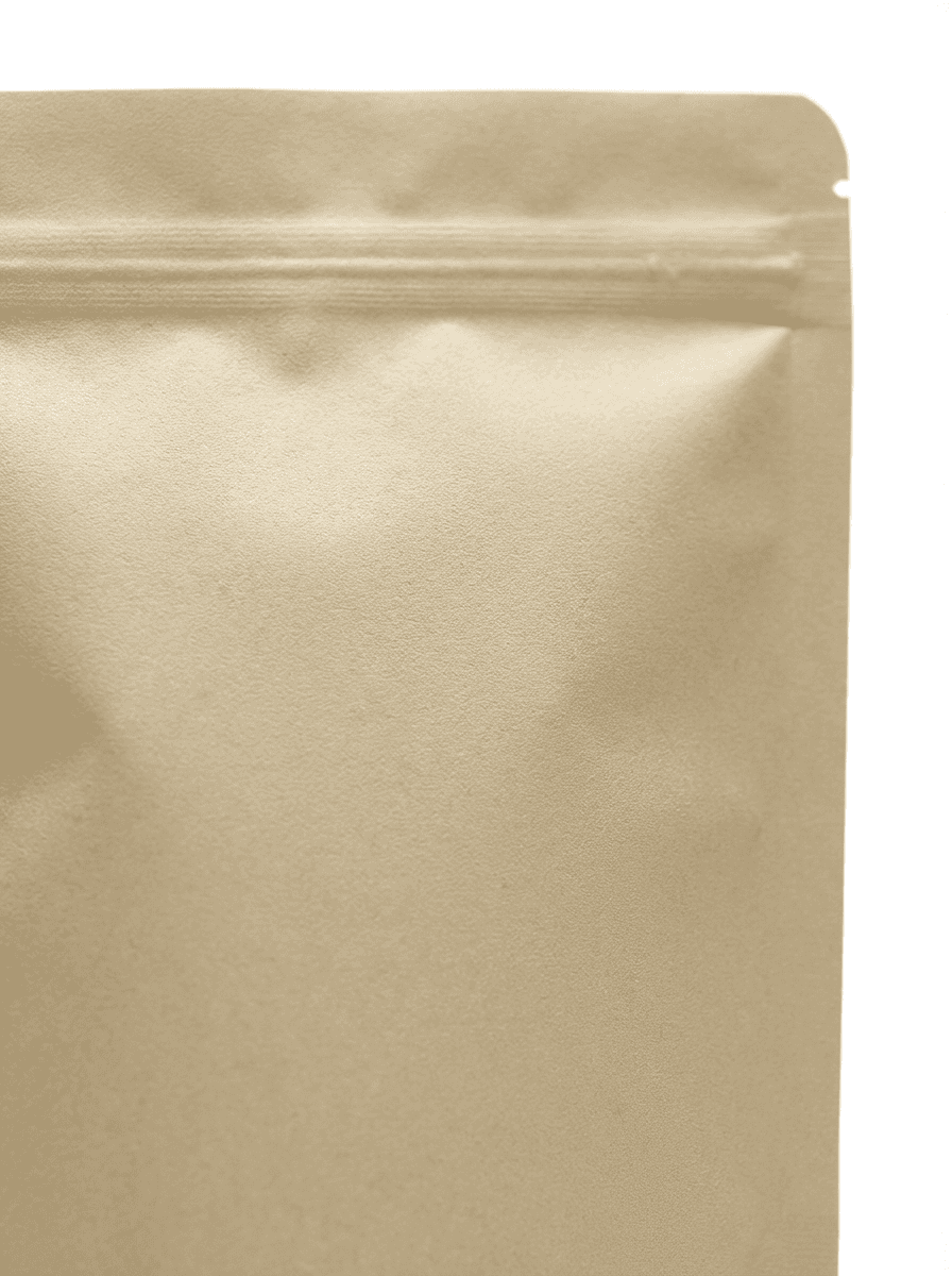 Extreme close-up of a matte finish ziplock stand-up pouch, pouch dimensions are 10 centimeters by 10 centimeters, isolated on a pure white background, studio lighting, completely blank no text no logos no labels, plain solid color pouch, highly detailed texture, macro photography, 8k resolution, minimalistic product shot, white background --ar 3:4