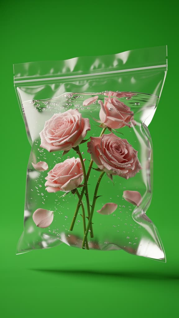A clear resealable plastic bag floating, filled with crystal-clear water. Inside the bag, pink roses are gently floating, their petals visible through the plastic. The bag has no text or logos, just clean transparent material. The background is a solid, vibrant Pantone 365 C green (bright grassy green). Cinematic lighting, hyper-detailed, splash art, romantic atmosphere, soft pink tones contrasting with the vibrant green background, ethereal, high contrast.