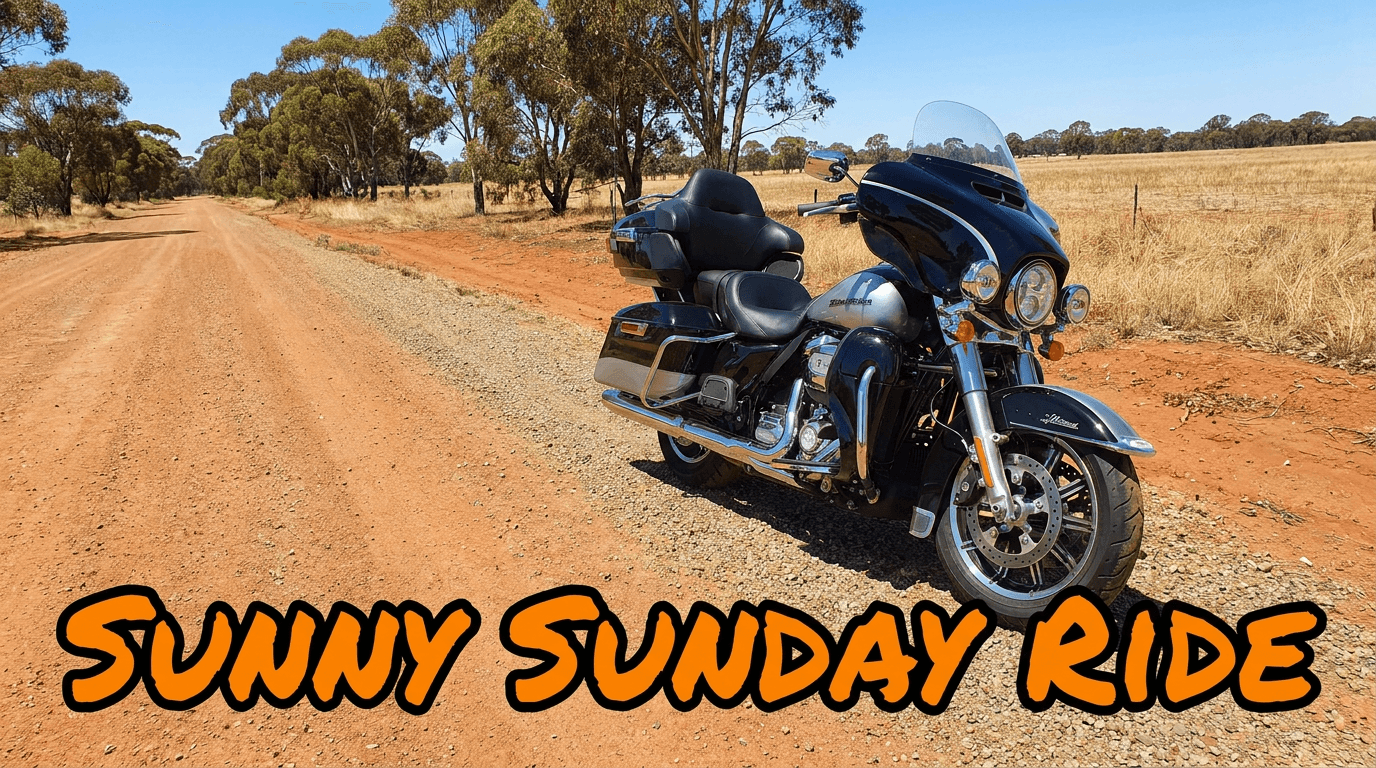 2022 Harley Davidson Ultra Limited parked on the side of a country road in Australia with text overlay in Harley Davidson orange saying, Sunny Sunday Ride