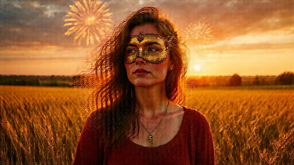 A regal aristocrat in a gilded midnight mask, draped in velvet and ornate jewels, stands under swirling carnival lanterns and vibrant fireworks. Soft rain glistens on porcelain skin, blending decadence with fleeting magic in ultra-HD, photorealistic nocturnal revelry.