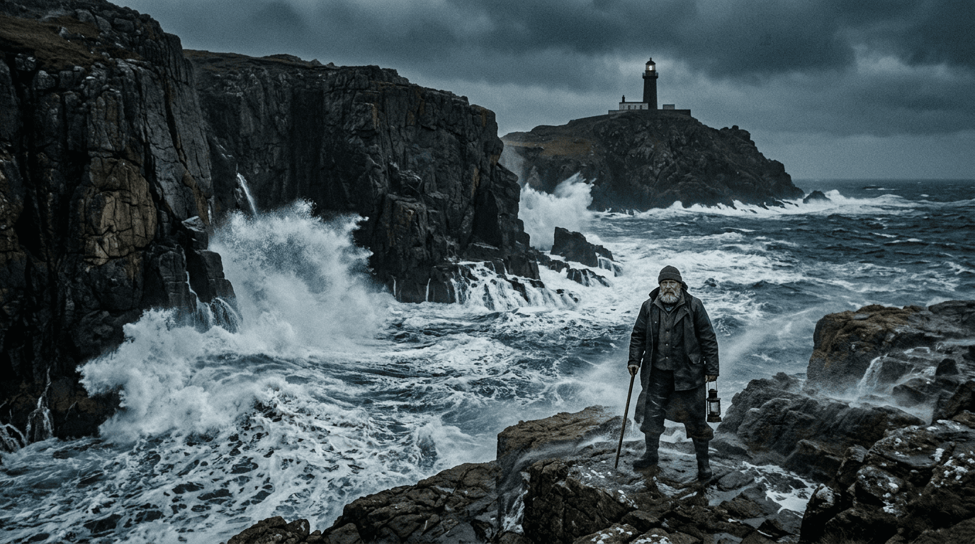 Wide shot of a turbulent sea crashing against rocky cliffs. Dark clouds loom overhead, and the distant silhouette of the lighthouse stands firm against the storm. Waves crash violently, sending spray into the air as the wind howls through the scene. Lighthouse Keeper: a rugged man in his 50s with a weathered face and a thick beard. Film, cool palette, moody lighting, wide lens, desaturated grade.