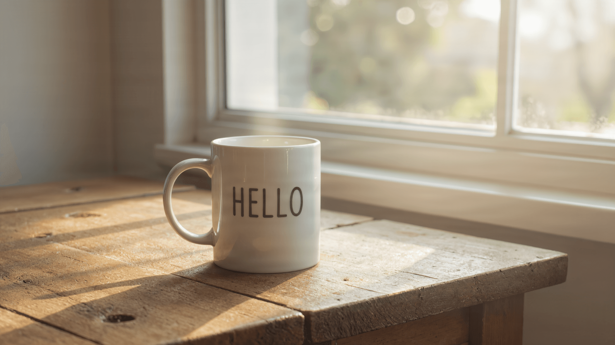 A ceramic mug with the word HELLO printed on it, on a wooden table by a window, morning light