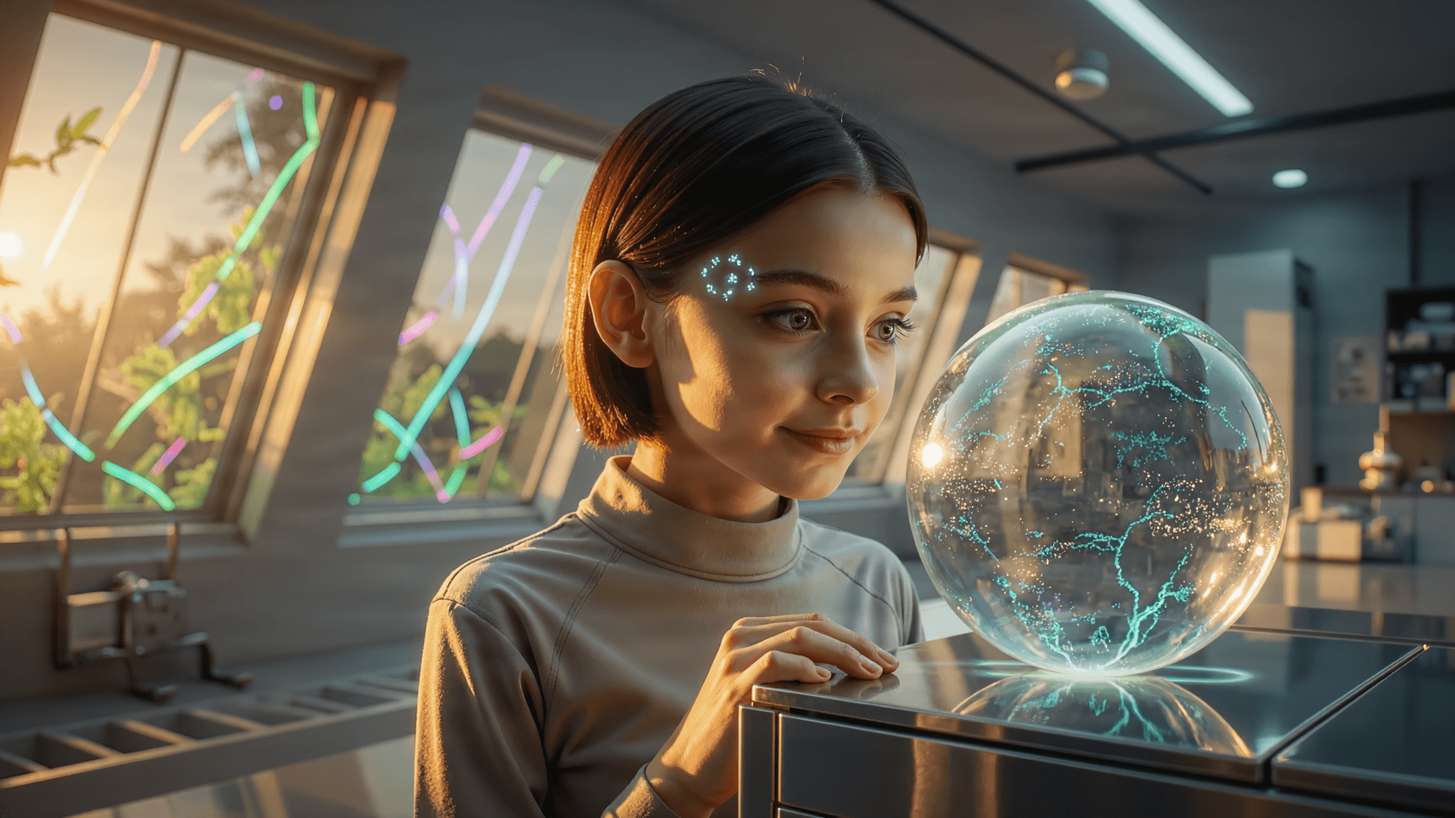 A young dreamer with glowing neural implants gazes through a transparent holographic globe, bathed in golden hour light streaming through slanted lab windows filled with floating neon algae. Warm reflections dance on sleek chrome surfaces, merging future tech with ethereal wonder. Ultra-HD.