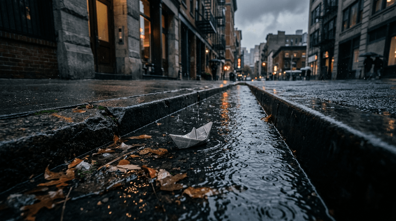 Wide shot from above captures a narrow city gutter filled with rainwater. A small paper boat floats gently, surrounded by swirling leaves and debris. Dim gray clouds hang above, with raindrops splattering the water surface. The city lights reflect off the water, creating a glimmering effect as the boat gradually moves along the gutter towards the edge of the frame. Film, muted colors, soft light, wide lens, cool grade.