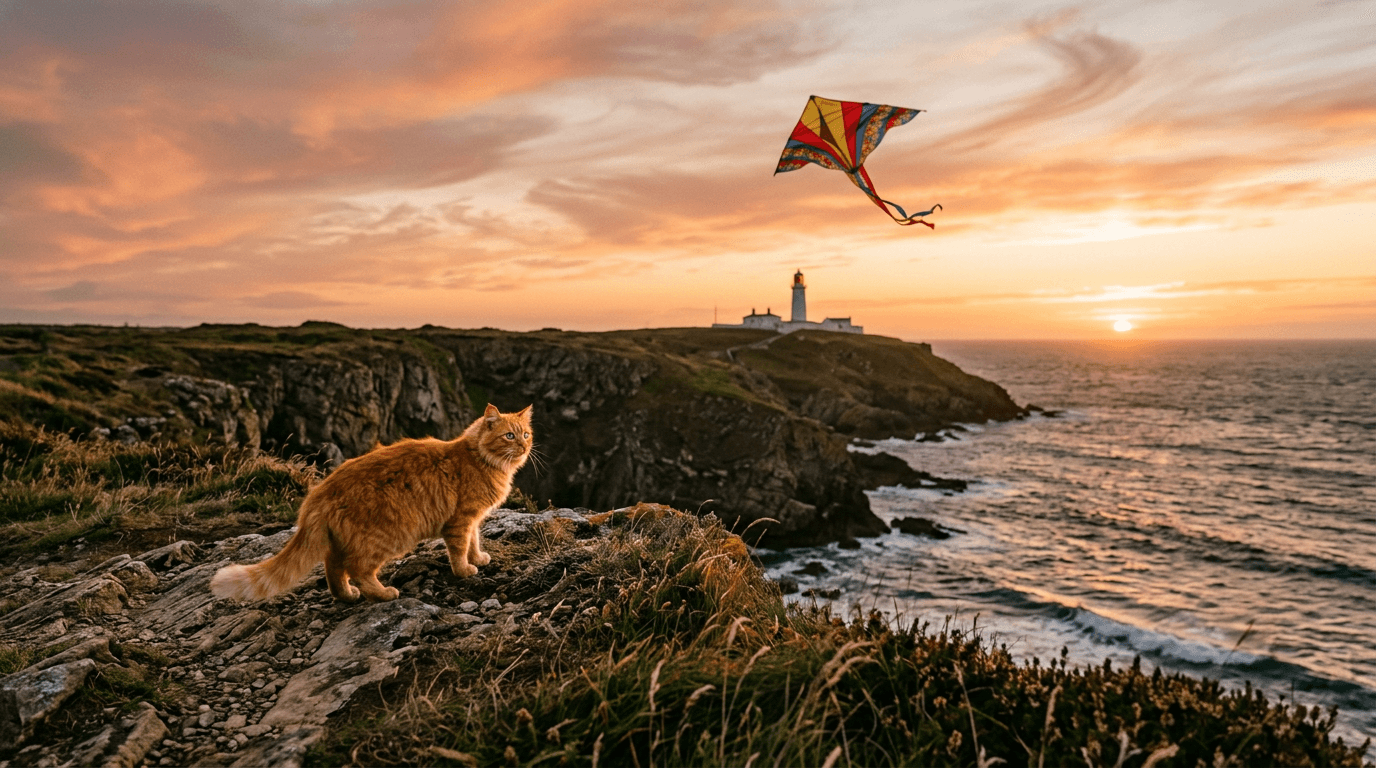 Wide shot of a cliffside at sunset, the lighthouse in the background. The cat stands poised, eyes locked on a vibrant paper kite dancing in the breeze. The sky is painted with hues of orange and pink as the kite flutters above, teasingly out of reach. The cat's fur glows in the warm light. Cat: A fluffy orange tabby cat with bright green eyes. Film, warm palette, golden hour lighting, wide-angle lens, soft grade.