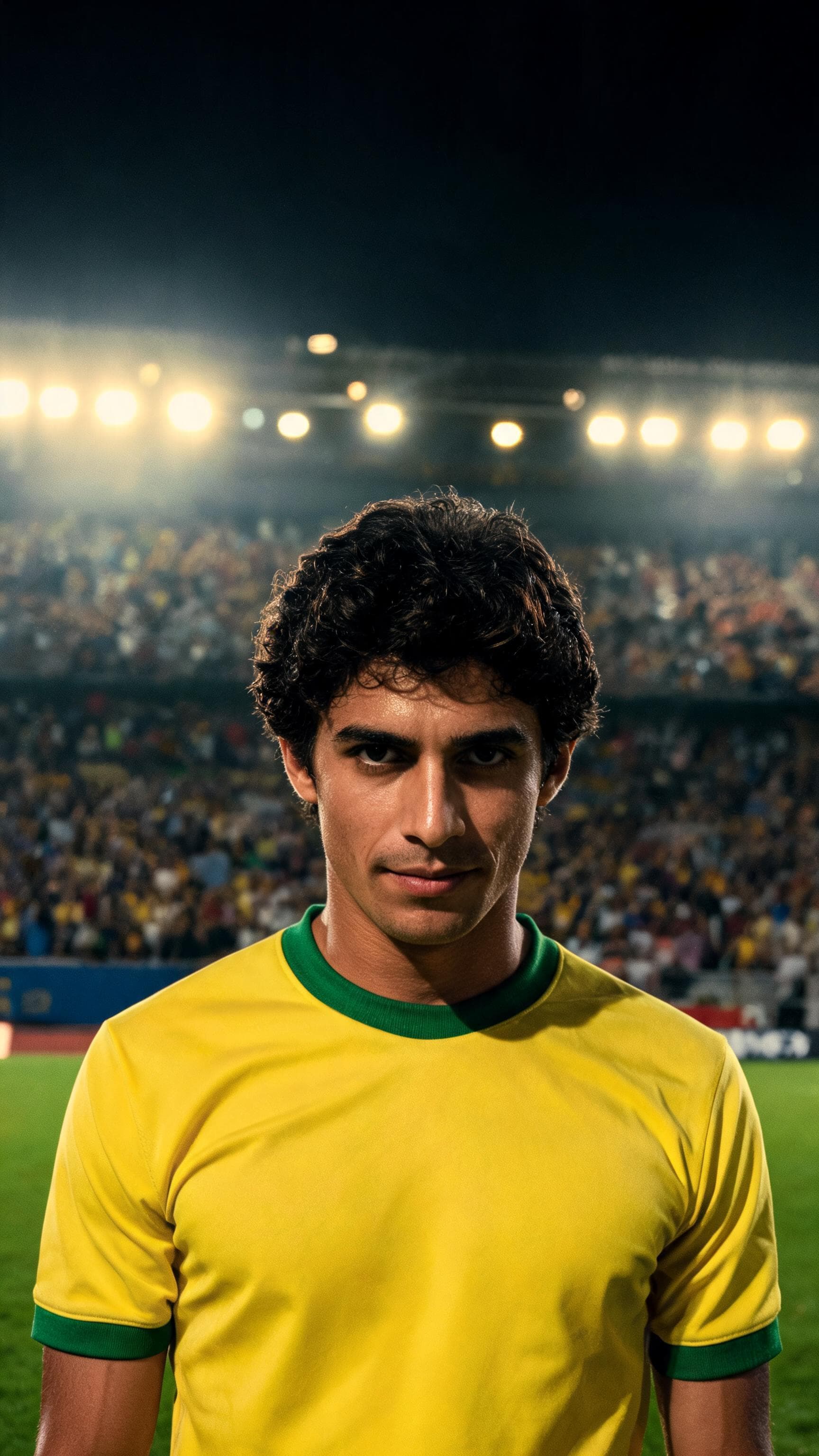 Cena cinematográfica realista de um jogador de futebol brasileiro dos anos 1980, em um estádio lotado, olhando diretamente para a câmera com expressão misteriosa e confiante, uniforme de futebol retrô, iluminação dramática, torcida desfocada ao fundo, atmosfera de suspense e mistério, fotografia esportiva profissional, alto nível de detalhes, composição vertical 9:16, sem textos, sem logotipos, sem marcas d'água.