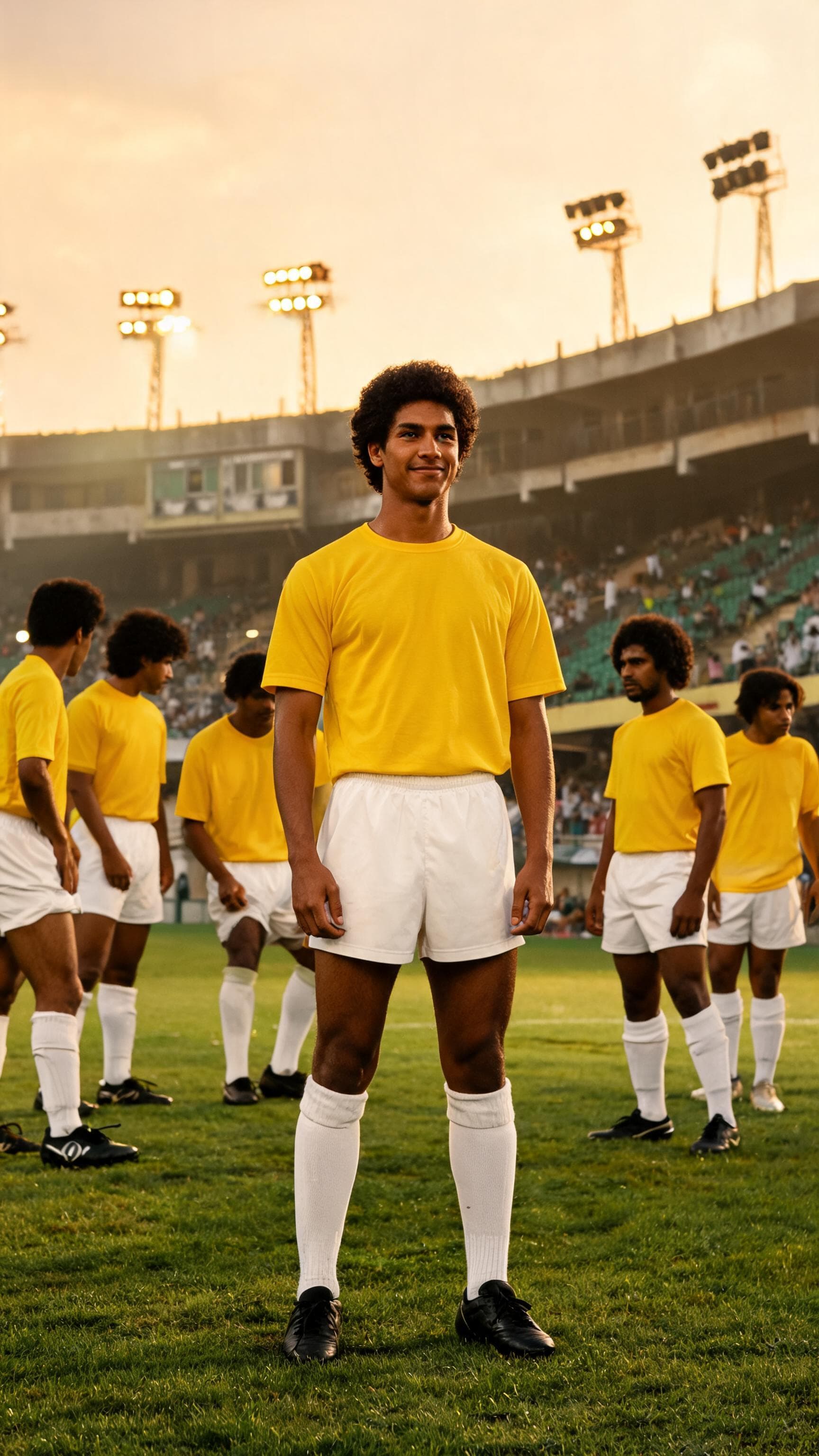 Cena cinematográfica realista de um jovem jogador de futebol brasileiro dos anos 1980, dentro de um grande estádio de futebol, cercado por outros jogadores durante um treinamento, usando uniforme esportivo retrô sem marcas ou logotipos, expressão confiante, clima de época, iluminação dramática, fotografia esportiva profissional, alto nível de detalhes, composição vertical 9:16, sem texto, sem marcas d'água.