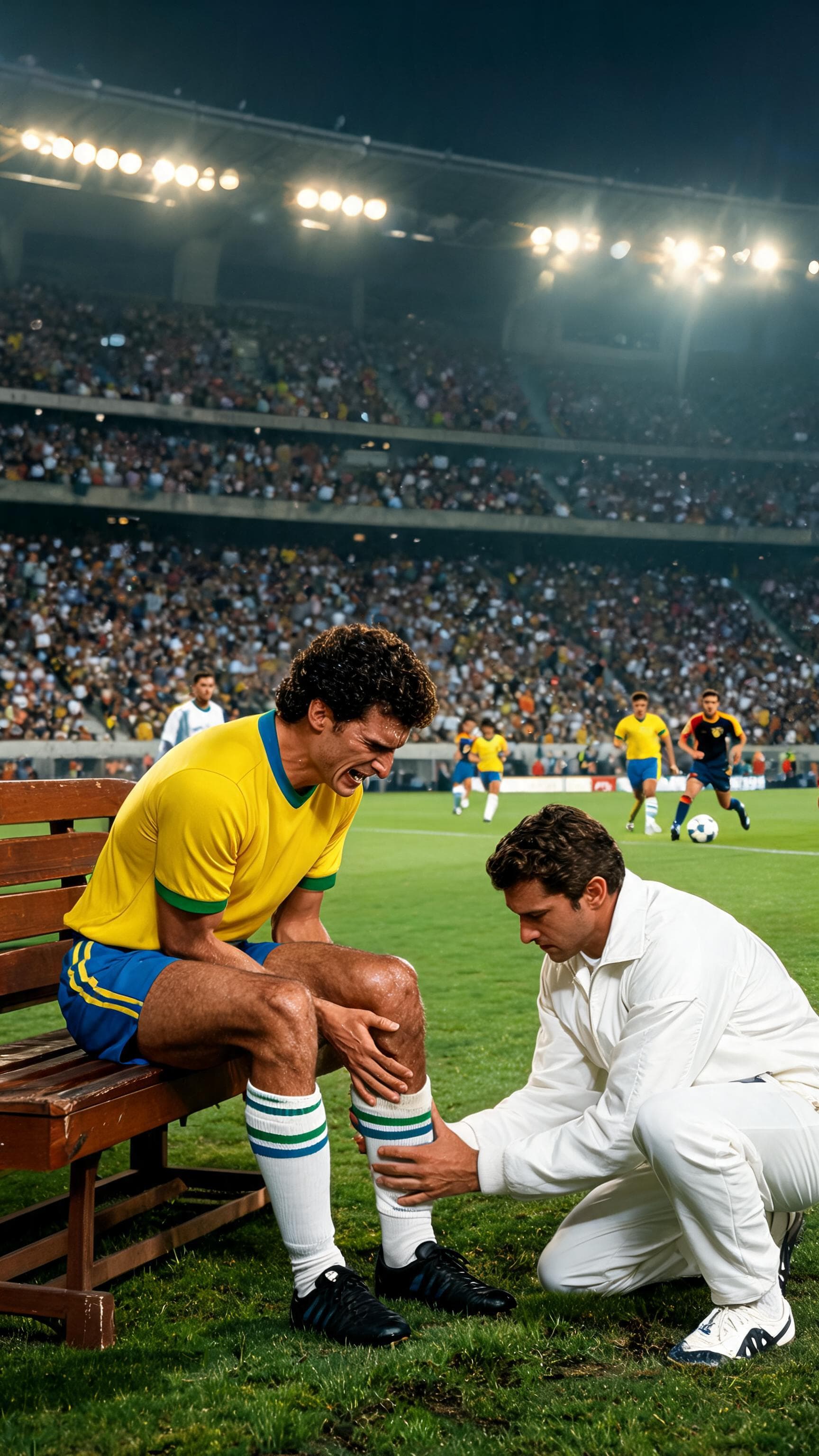 Cena cinematográfica realista de um jogador de futebol brasileiro dos anos 1980 sentado no banco de reservas durante uma partida, segurando a própria perna como se estivesse sentindo dor, médico da equipe ao lado examinando sua perna, jogadores disputando a partida ao fundo, estádio lotado, clima de suspense, iluminação dramática, fotografia esportiva profissional, visual retrô dos anos 1980, alto nível de detalhes, formato vertical 9:16, sem texto, sem logotipos, sem marcas d'água.