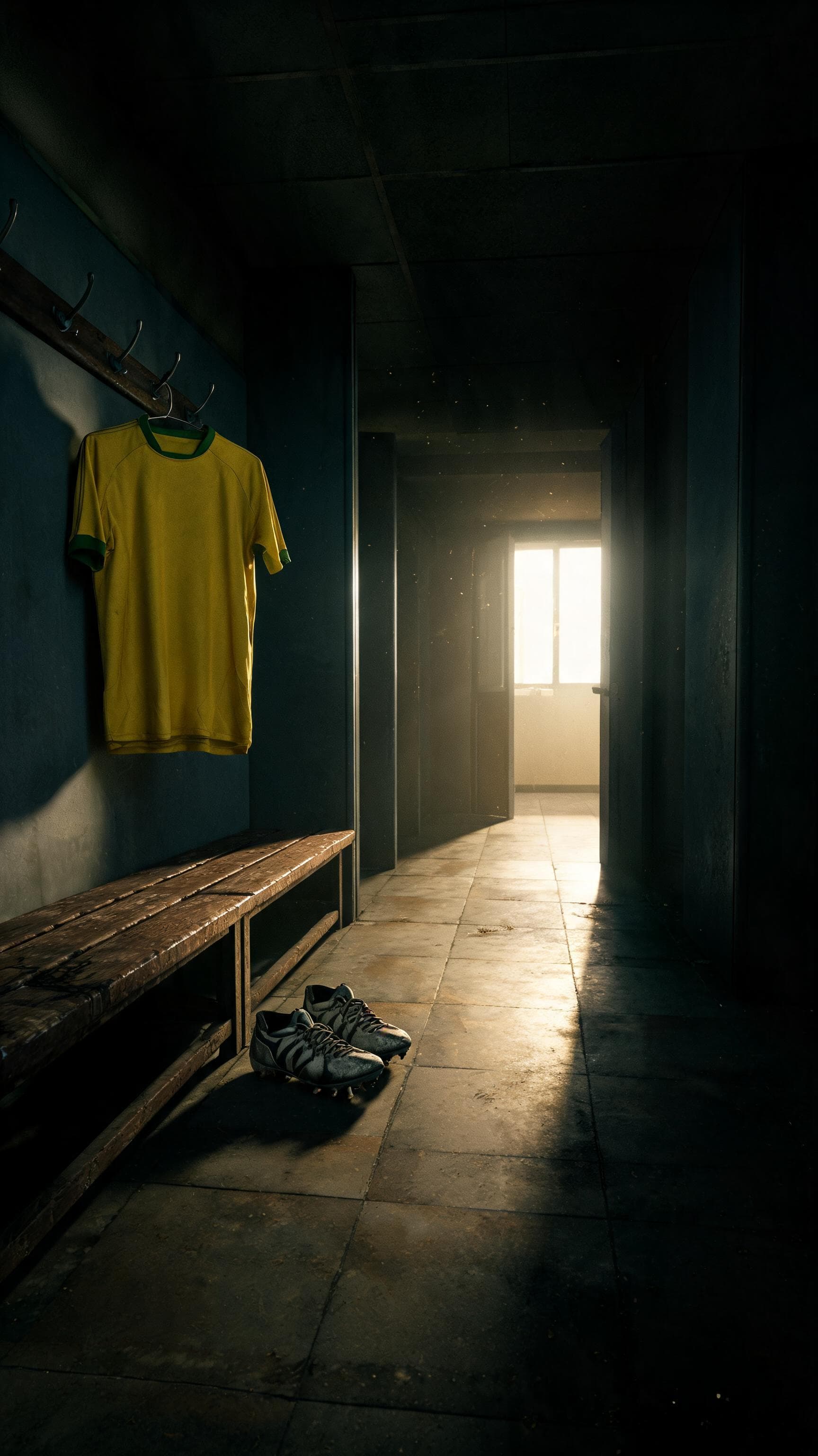 Vestiário de futebol brasileiro dos anos 1980 completamente vazio após uma partida, banco de madeira, camisa de futebol retrô pendurada, chuteiras abandonadas no chão, corredor escuro ao fundo, luz entrando pela porta, atmosfera de suspense e mistério, estilo cinematográfico hiper-realista, fotografia profissional, alto nível de detalhes, formato vertical 9:16, sem pessoas, sem texto, sem logotipos, sem marcas d'água.