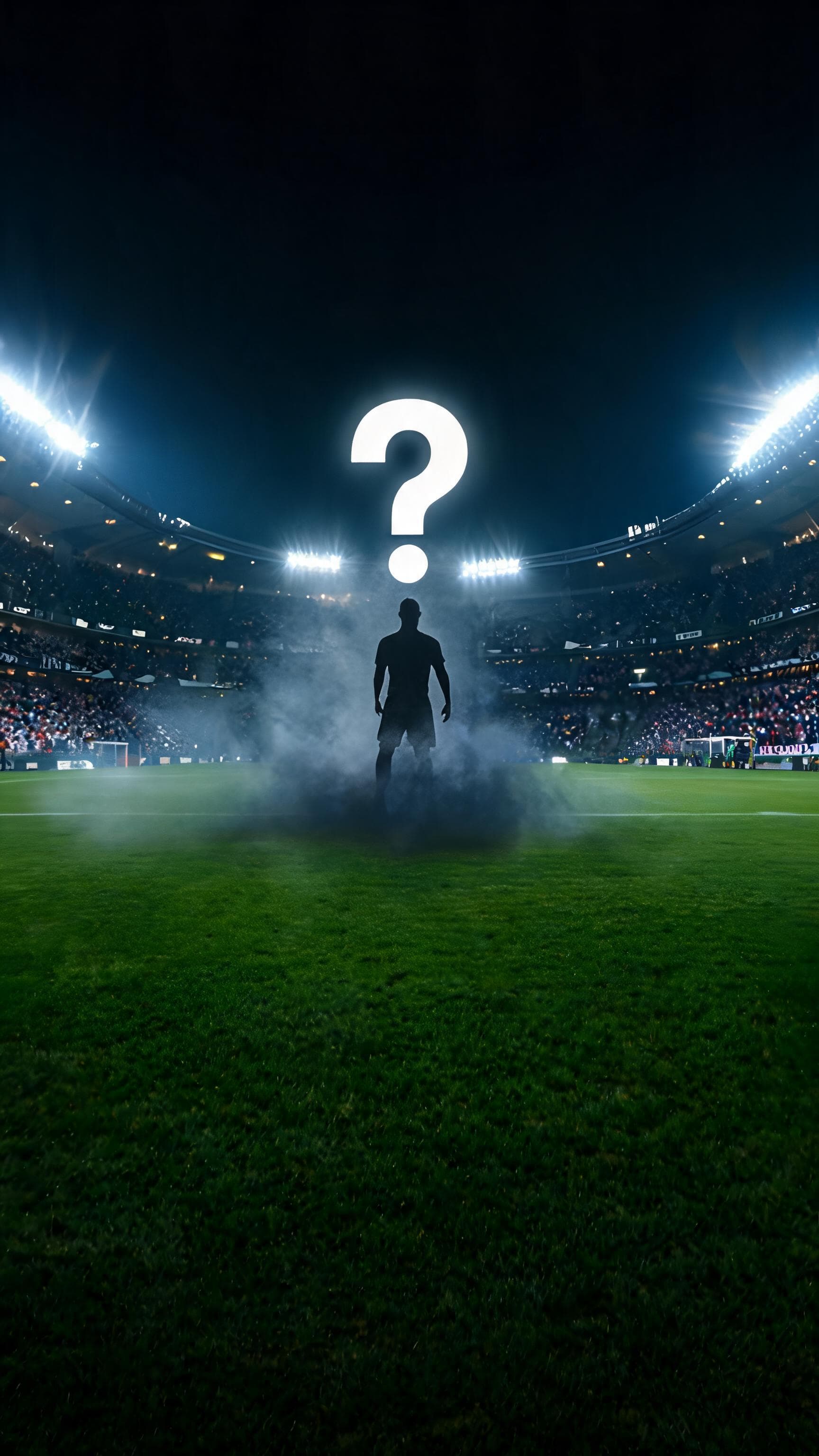 Estádio de futebol brasileiro à noite, completamente iluminado, atmosfera intensa de mistério, uma grande silhueta de jogador ao centro desaparecendo em uma fumaça escura, enorme ponto de interrogação brilhante atrás da silhueta, torcida ao fundo desfocada, iluminação cinematográfica dramática, cores vibrantes, visual hiper-realista, composição vertical 9:16, espaço livre no centro para adicionar texto no CapCut, sem texto gerado pela IA, sem logotipos, sem marcas d'água.