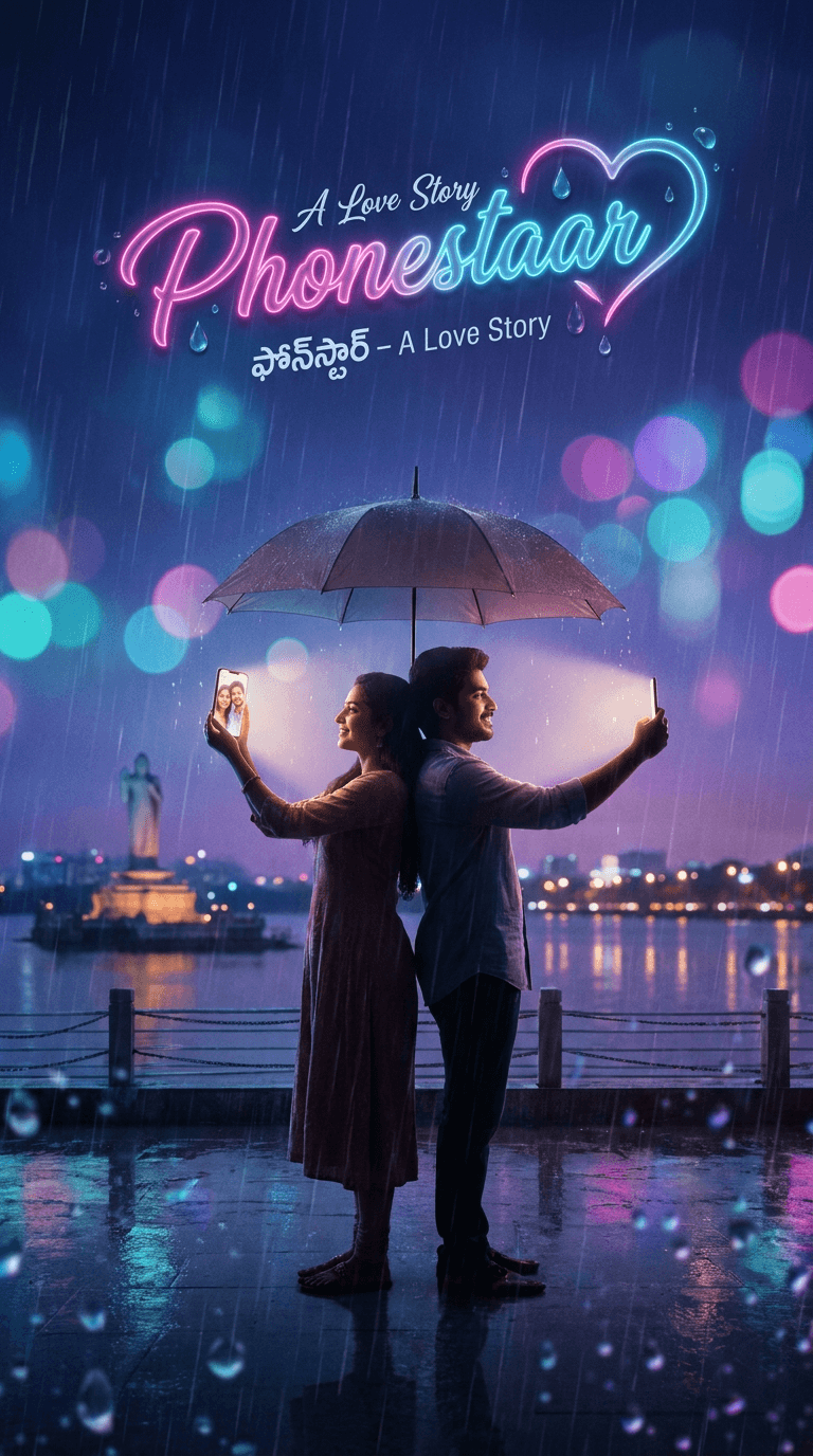 Telugu romantic movie "Phonestaar – A Love Story" rain‑look poster, modern and emotional vibe, a couple connecting through a mobile phone even in the rain, time is evening 6–7 PM, sky with dark blue–purple gradient, city lights starting to glow, location is Hussain Sagar Lake view, distant Buddha statue and Necklace Road lights softly blurred in the background, light rain falling, rain streaks visible, wet ground reflecting city lights, subtle water‑drop effect on the lens, soft film grain, cinematic shallow depth of field.
A young Telugu couple stands under a single umbrella, their backs slightly touching, faces not visible, only their silhouettes, both hands holding a mobile phone, the phone screen glowing and showing a bright, happy selfie of them together, soft warm phone‑light glow illuminating their faces, the couple in modern casual outfits (hero in shirt–jeans, heroine in long frock or jeans–top), city bokeh lights around them, cool blue–teal–pink–violet color palette, only the phone screen and distant street lights as warm light sources, soft glow on phone screen and far street lights, soft lens flare on reflections.
Stylized neon text "Phonestaar" in a pink–blue gradient font, integrated with a heart shape, subtle wet‑effect and small water drops on the letters, tagline "A Love Story" above the title in small elegant white text with soft glow, Telugu sub‑text "ఫోన్స్టార్ – A Love Story" below the title, all text placed in the top or bottom third of the poster without blocking the couple, clean, premium, high‑budget cinematic look, subtle film grain, foreground slightly blurred rain drops, background city lights softly blurred to enhance depth, 4K, no logos, no credits, no other text.