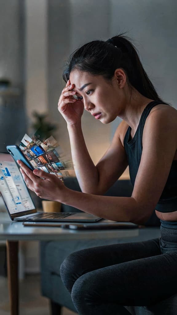 Realistic Asian female fitness beginner, mid 20s, athletic but natural physique, black sleeveless workout top, dark gray leggings, black ponytail, neutral appearance sitting at home late at night, searching for fitness advice on her smartphone and laptop, multiple fitness videos and information appearing rapidly, overwhelming amount of information, she keeps scrolling but becomes more confused, finally puts down the phone and rubs her forehead, realistic lifestyle commercial, cinematic lighting, smooth close-up camera movement, vertical 9:16, no readable text, no logos.