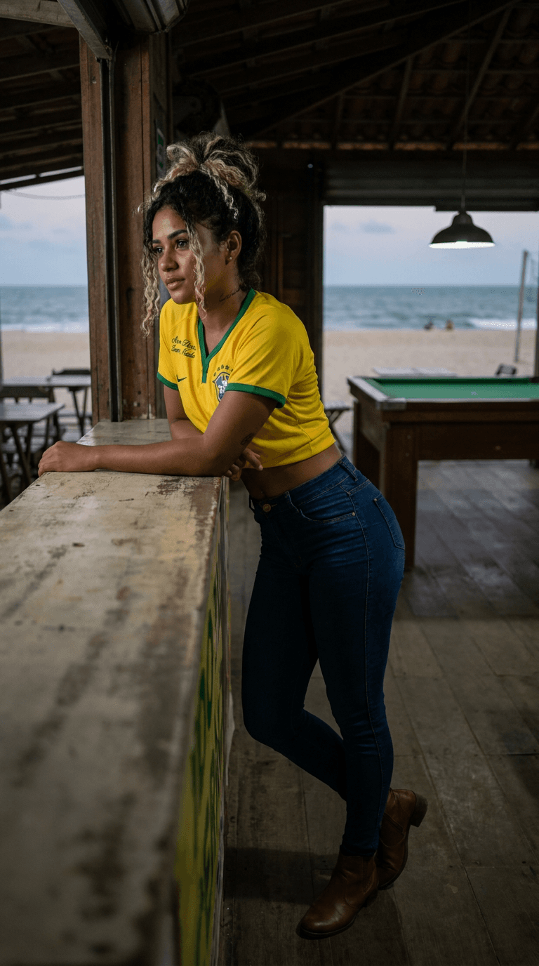 Create a stunningly beautiful Brazilian woman, standing in a beachfront bar in Fortaleza. She is petite, with curly hair with light blonde highlights in tied up on her head. Her face is soft and innocent, with a sadness behind her eyes. She is athletic, and wears tight body fit blue jeans and ankle boots with a small heel, and Brazilian football shirt with a deep V cut in the collar, and is cut short to above her naval. She has a tattoo of “Sem Deus, Sem Nada” in curvature calligraphy over her heart.
The bar is quiet, with the beach visible through the open front, and a pool table in the background.