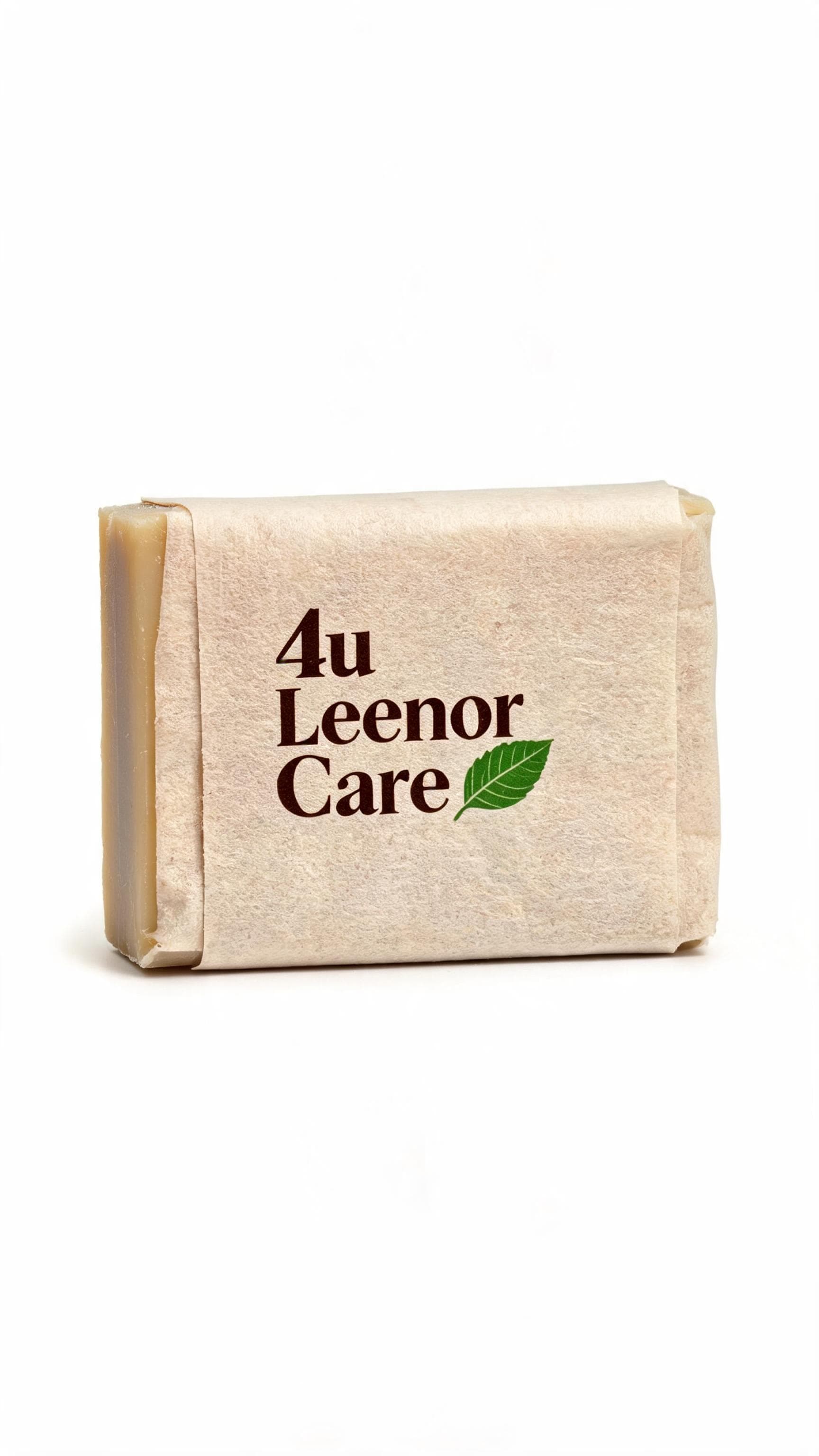 صابون طبيعي مع شعار 4u Leenor Care مغلف على ورق الصابون