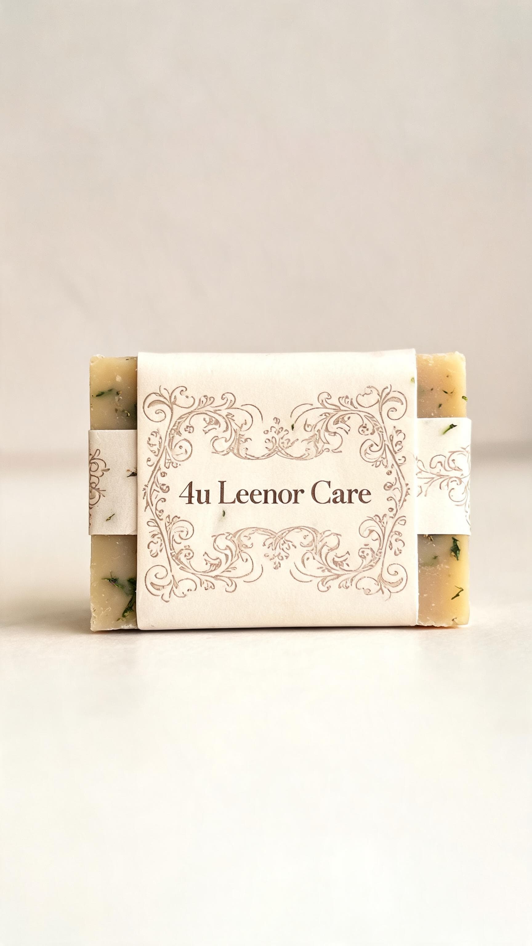 صابون طبيعي مع شعار 4u Leenor Care على ورق حول الصابون بطريقه مزخرفه