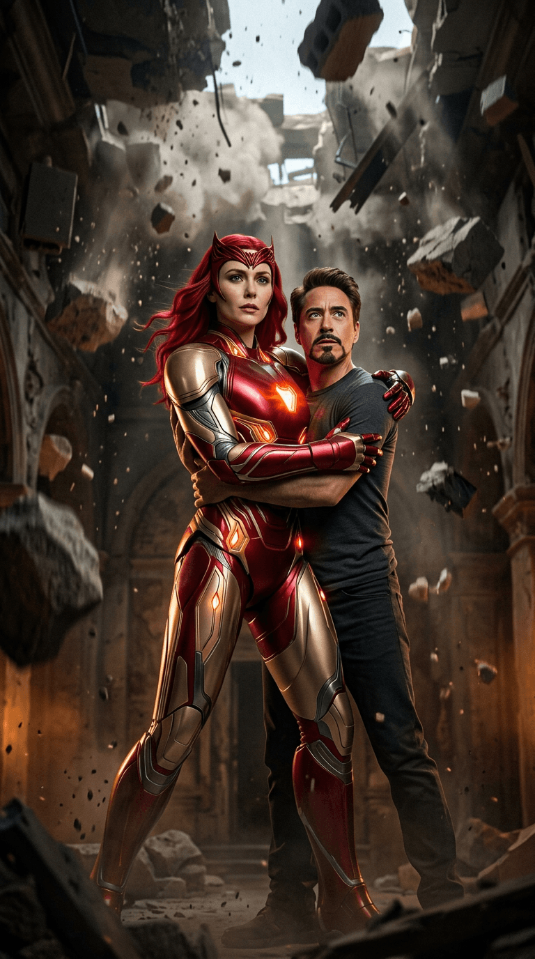 Create this image
2 characters
A female ,sharp jawline, sleek crimson-red wavy , red hair red tiara on her head ,she is slim, athletic witch , and a man
The man is in t shirt
He is a genius , charismatic
He has neatly trimmed goatee consisting of a sharp mustache and a pointed chin beard that are completely disconnected from each other, clean-edged grooming.
He has dark brown hair
2. Full Prompt Examples
She is taller
She is wearing exoskeleton, armour , fully metal, nanotech suit,
red and champagne colour and glow in chest
th is
Unhelmeted
They both stand
She stands imfront of him
As she hugs him, protecting him as the ceiling collapses with debri falling