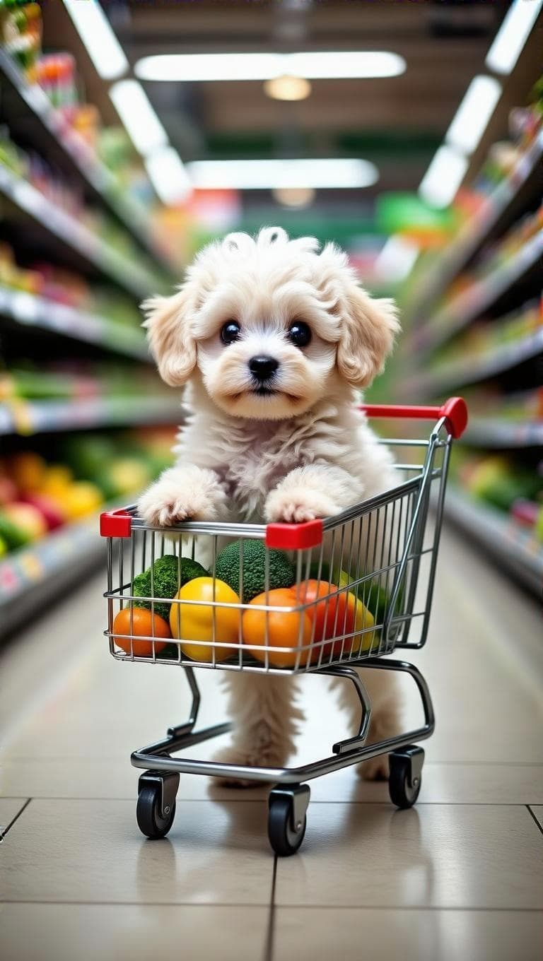 Cute fluffy white Maltipoo puppy pushing an empty tiny grocery shopping cart in a supermarket aisle, big round eyes, soft curly fur, happy playful expression, small paws on the cart handle, miniature cart filled with colorful vegetables and fruits, bright grocery store lighting, clean shelves in the background, cinematic depth of field, ultra-cute, Pixar/Disney-style 3D animation, vibrant colors, soft fur texture, heartwarming and playful atmosphere, highly detailed, 4k” ere, highly detailed, 4k”