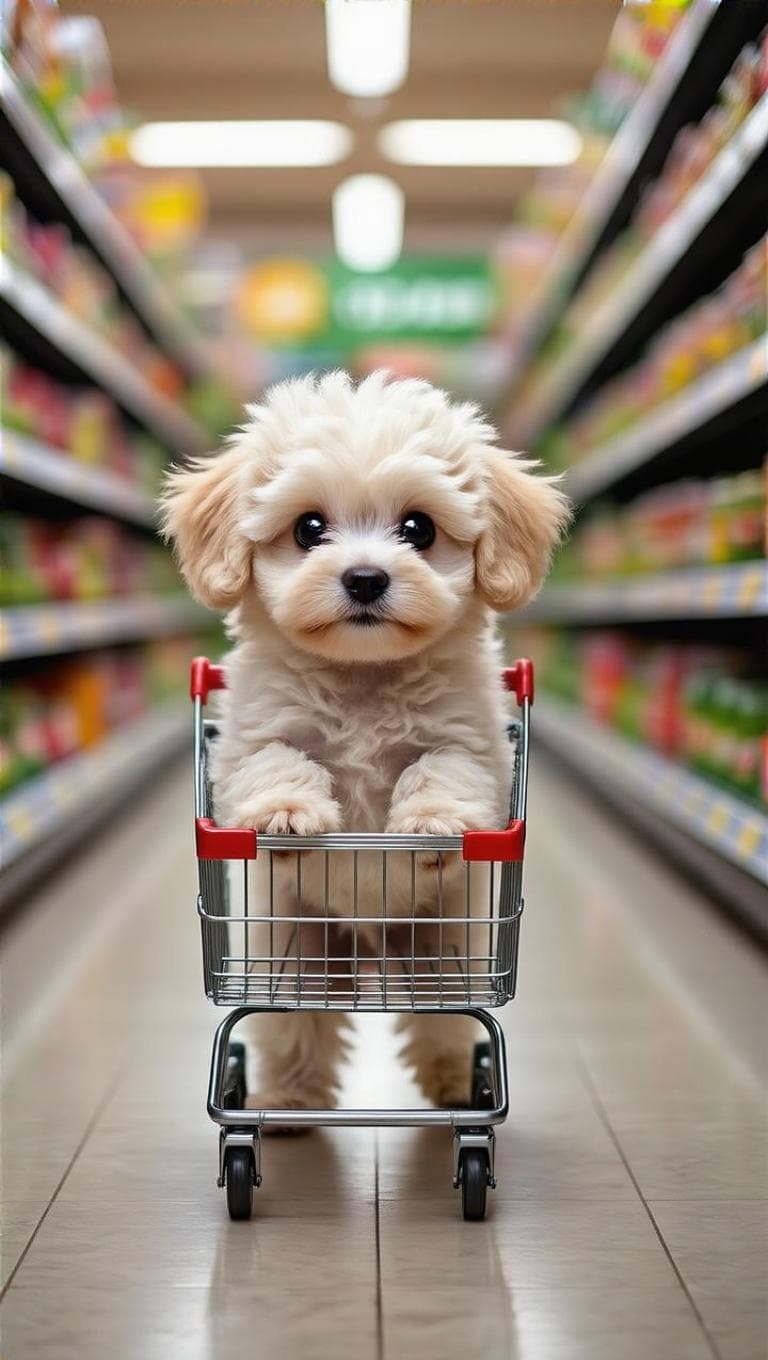 A cute fluffy white Maltipoo puppy with soft curly fur and big round expressive eyes is pushing a tiny empty shopping cart down a grocery store aisle. The dog is standing on its hind legs, holding the cart handle with its front paws, looking curious and slightly excited. The grocery store aisle is bright and colorful, filled with neatly stocked shelves of snacks, fruits, and household items on both sides. The floor is clean and reflective, with warm lighting creating a cozy and cheerful atmosphere. Pixar-style 3D animation, ultra-detailed fur texture, soft lighting, vibrant colors, shallow depth of field, cinematic composition, adorable and heartwarming mood.