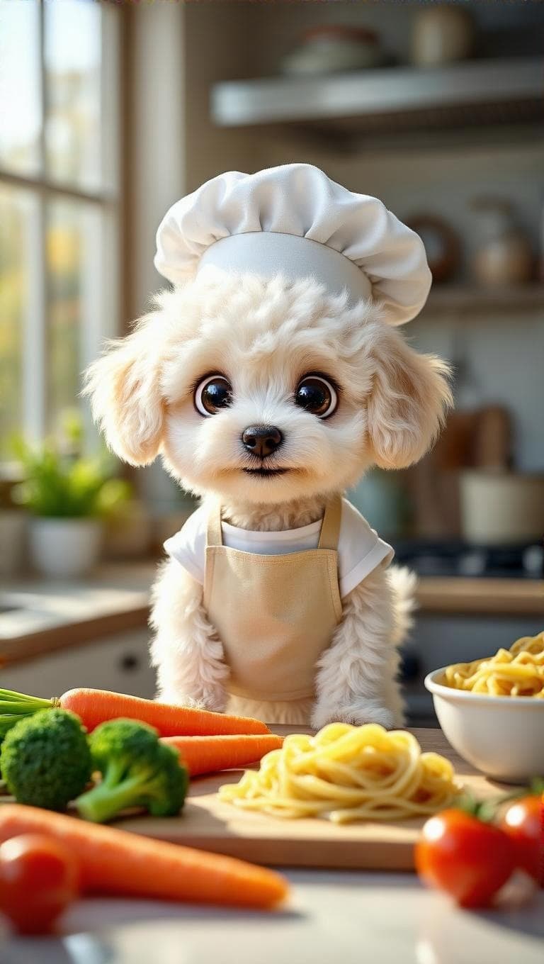 A cute fluffy white Maltipoo puppy (small, curly white fur, big round eyes, Pixar-style) standing on a kitchen counter beside fresh ingredients (carrots, broccoli, pasta, tomatoes). The Maltipoo wears a tiny chef hat and beige apron, looking excited and ready to cook. Bright modern kitchen, warm sunlight coming through window, cozy and clean environment, vibrant colors, cinematic depth of field, highly detailed, adorable expression.
👉 Emotion: Excited / Ready
👉 Camera: Medium wide shot