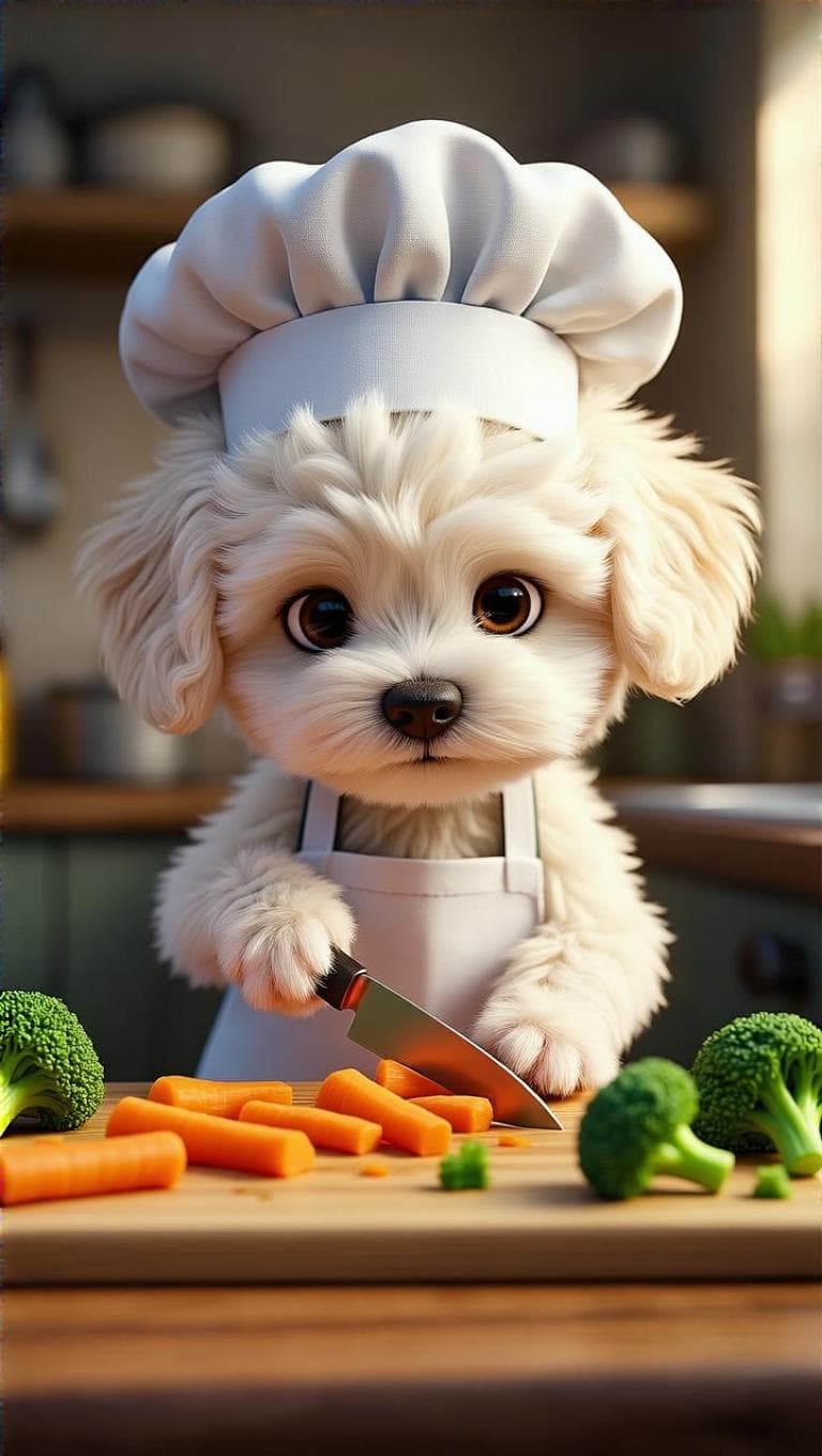 A cute fluffy white Maltipoo puppy in chef hat and apron, carefully chopping carrots and broccoli on a wooden cutting board using a small knife. The dog looks focused but adorably clumsy, tiny paws holding the knife. Kitchen counter close-up, vegetables scattered around, warm lighting, Pixar-style 3D animation, ultra-detailed fur, shallow depth of field.
👉 Emotion: Focused + funny
👉 Camera: Close-up shot