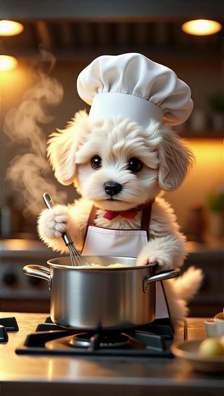 A fluffy white Maltipoo puppy wearing a chef hat and apron, standing on a stool and stirring a pot on a stove. Steam rising from the pot, warm golden kitchen lighting, cozy atmosphere. The Maltipoo looks serious like a professional chef. Modern kitchen background, cinematic lighting, Pixar-style, highly detailed textures, soft glow.
👉 Emotion: Serious / Pro chef vibe
👉 Camera: Slight low angle (hero shot)