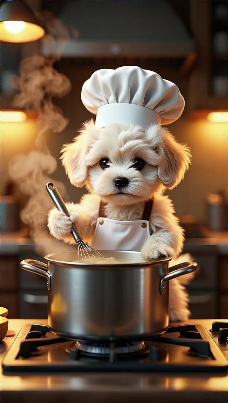 A fluffy white Maltipoo puppy wearing a chef hat and apron, standing on a stool and stirring a pot on a stove. Steam rising from the pot, warm golden kitchen lighting, cozy atmosphere. The Maltipoo looks serious like a professional chef. Modern kitchen background, cinematic lighting, Pixar-style, highly detailed textures, soft glow.
👉 Emotion: Serious / Pro chef vibe
👉 Camera: Slight low angle (hero shot)