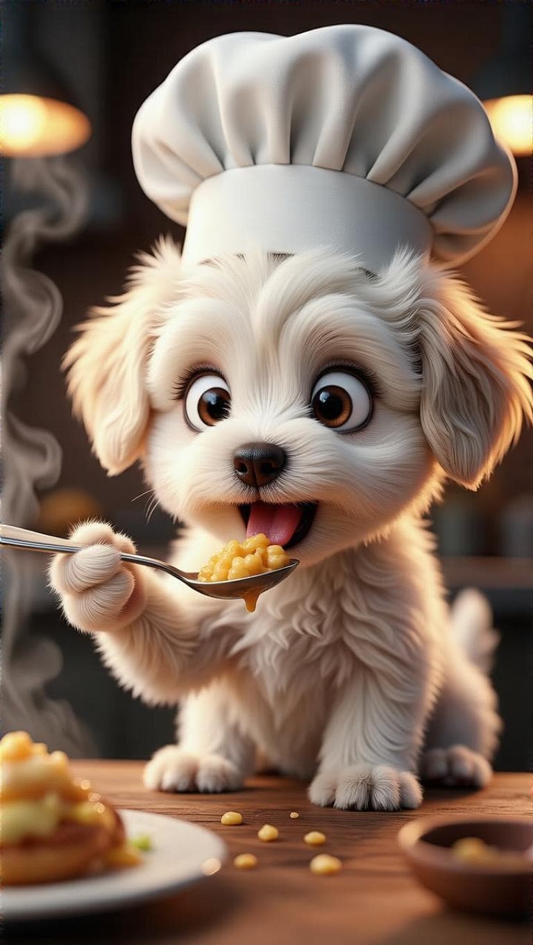 A cute white Maltipoo puppy tasting food from a spoon, eyes widening with surprise and happiness. Chef hat slightly tilted, adorable expression. Steam visible in background, warm lighting, Pixar-style 3D animation, ultra-detailed fur, shallow depth of field, emotional reaction captured perfectly.
👉 Emotion: Shocked + happy
👉 Camera: Tight close-up